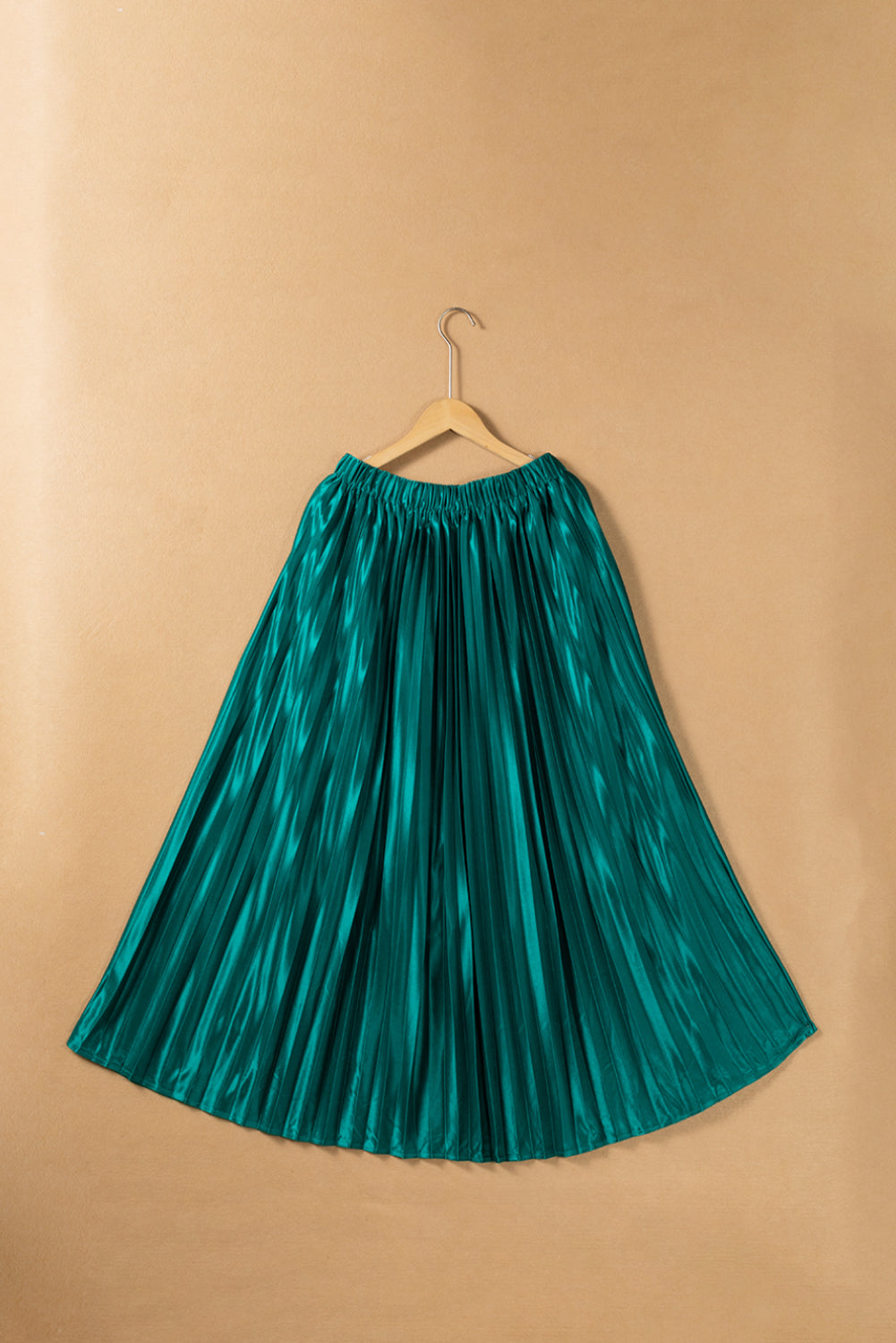 Blackish Green Satin Elastic Waist Pleated Maxi Skirt-Bottoms/Skirts & Petticoat-[Adult]-[Female]-2022 Online Blue Zone Planet