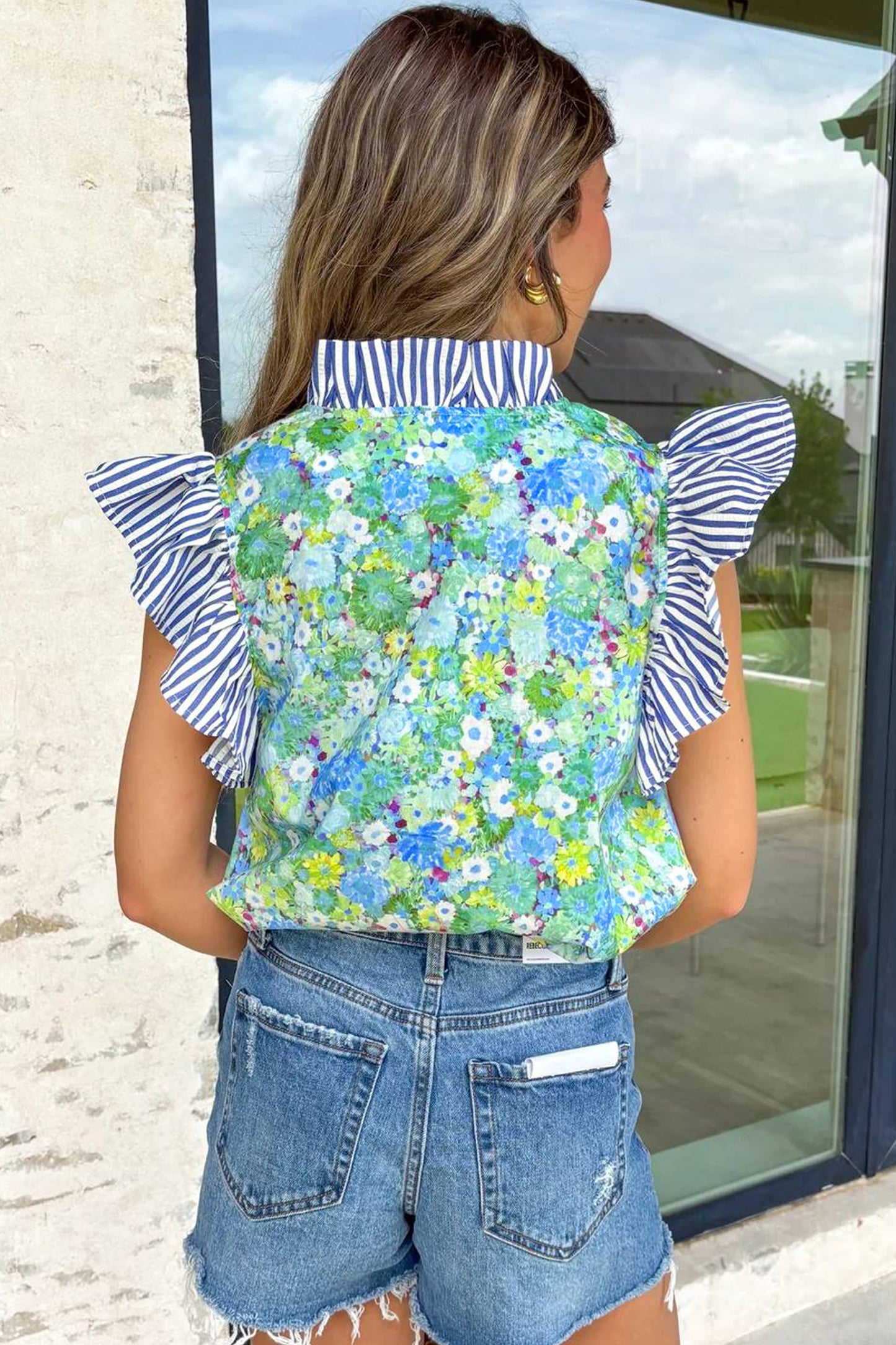 Green Floral Painting Print Striped Patchwork Flutter Sleeve V Neck Blouse-Tops/Blouses & Shirts-[Adult]-[Female]-2022 Online Blue Zone Planet