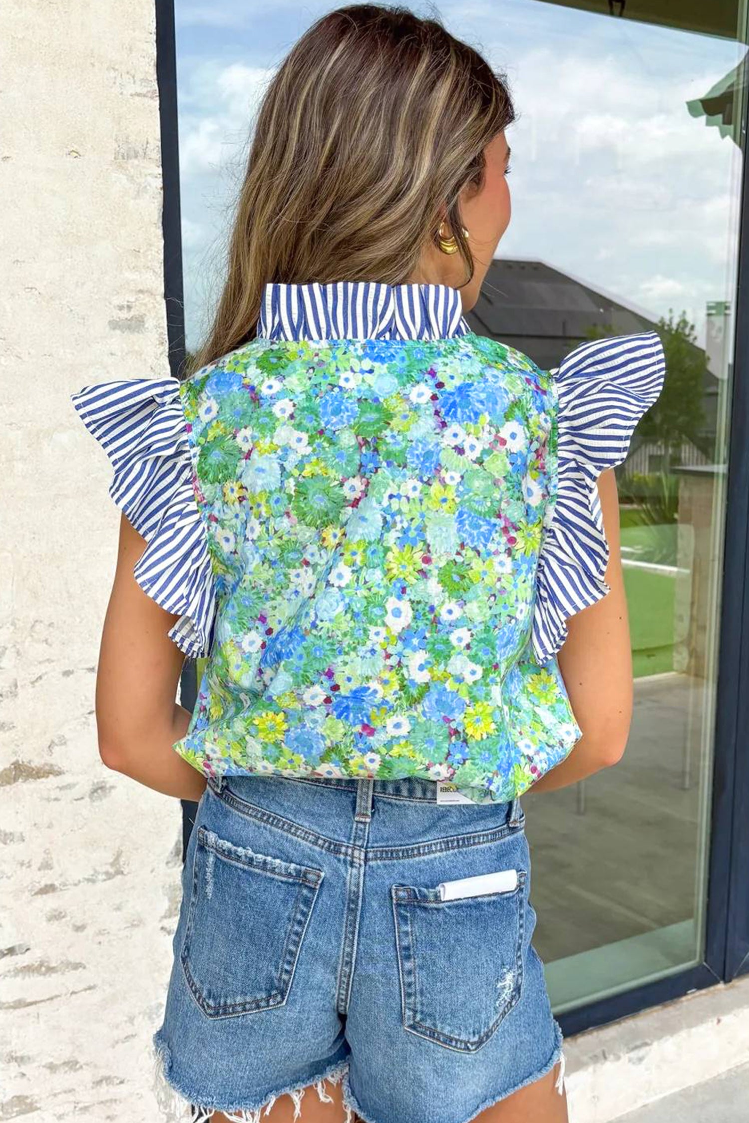 Green Floral Painting Print Striped Patchwork Flutter Sleeve V Neck Blouse-Tops/Blouses & Shirts-[Adult]-[Female]-2022 Online Blue Zone Planet