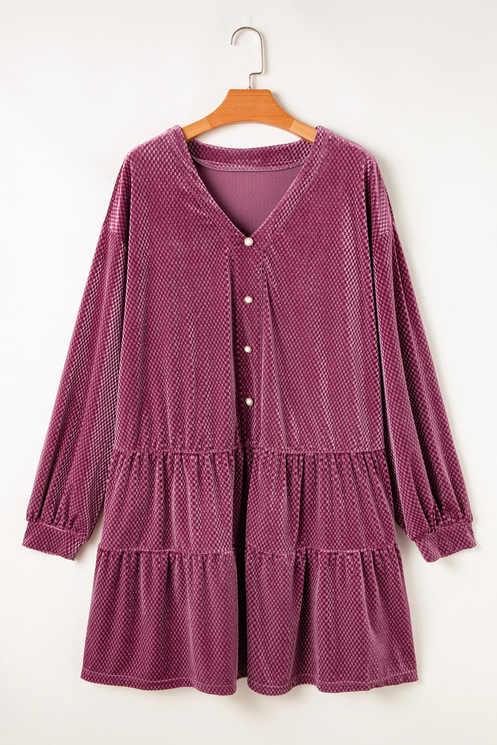 Meadow Mauve Plus Size Textured Velvet Tiered Buttons Tiered Dress - Meadow Mauve Plus Size Textured Velvet Tiered Buttons Tiered Dress -