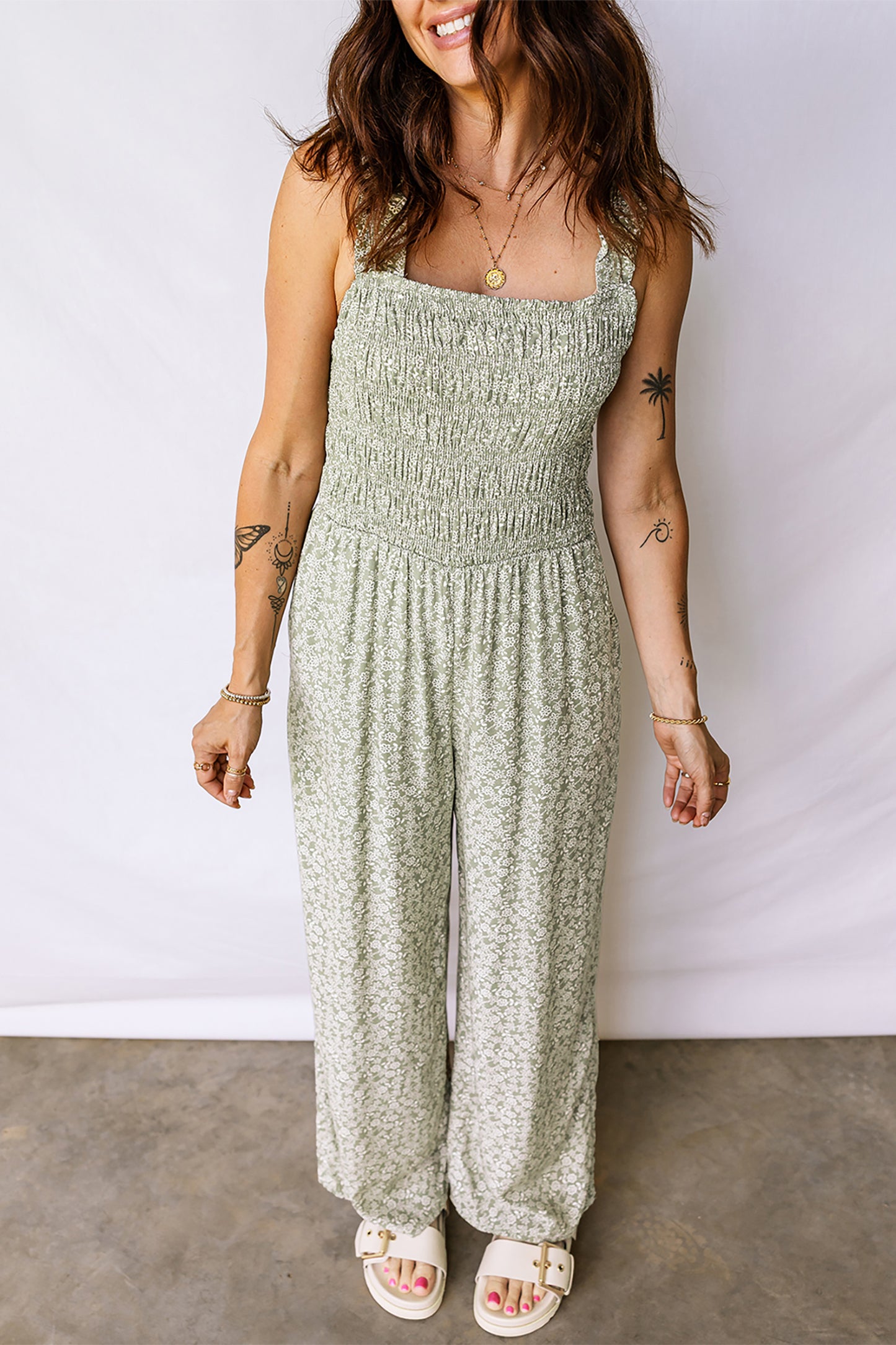 Green Smocked Bodice Square Neck Sleeveless Floral Jumpsuit-Bottoms/Jumpsuits & Rompers-[Adult]-[Female]-2022 Online Blue Zone Planet