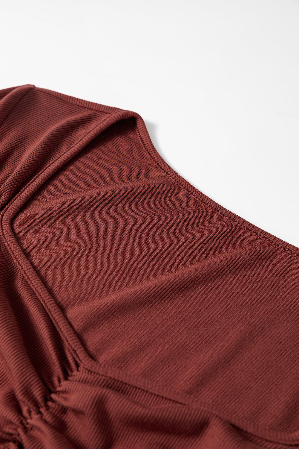 Burgundy Gathered Bust Square Neck Ribbed Fit Long Sleeve Top-Tops/Long Sleeve Tops-[Adult]-[Female]-2022 Online Blue Zone Planet