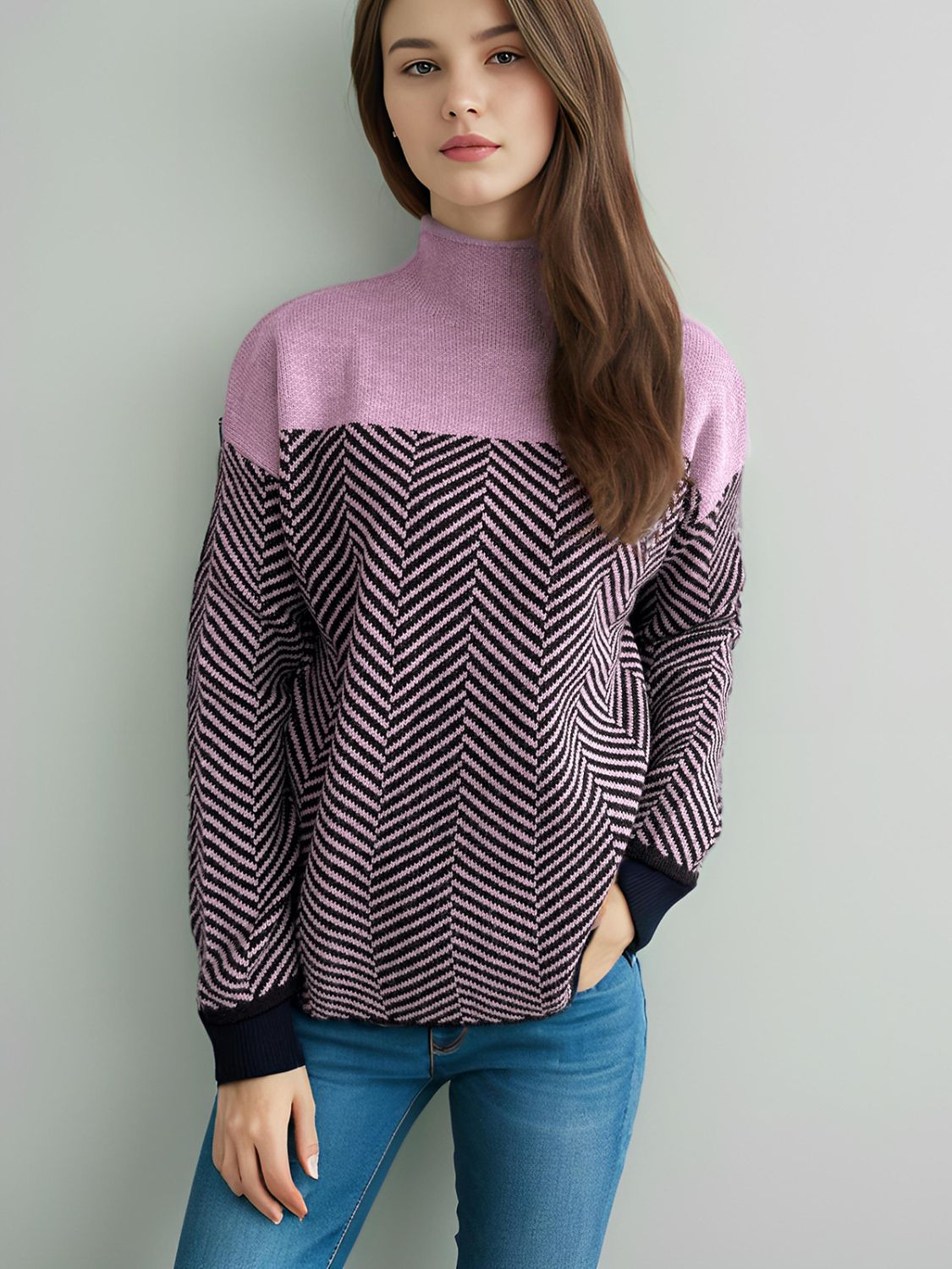 Contrast Turtleneck Long Sleeve Sweater-TOPS / DRESSES-[Adult]-[Female]-2022 Online Blue Zone Planet