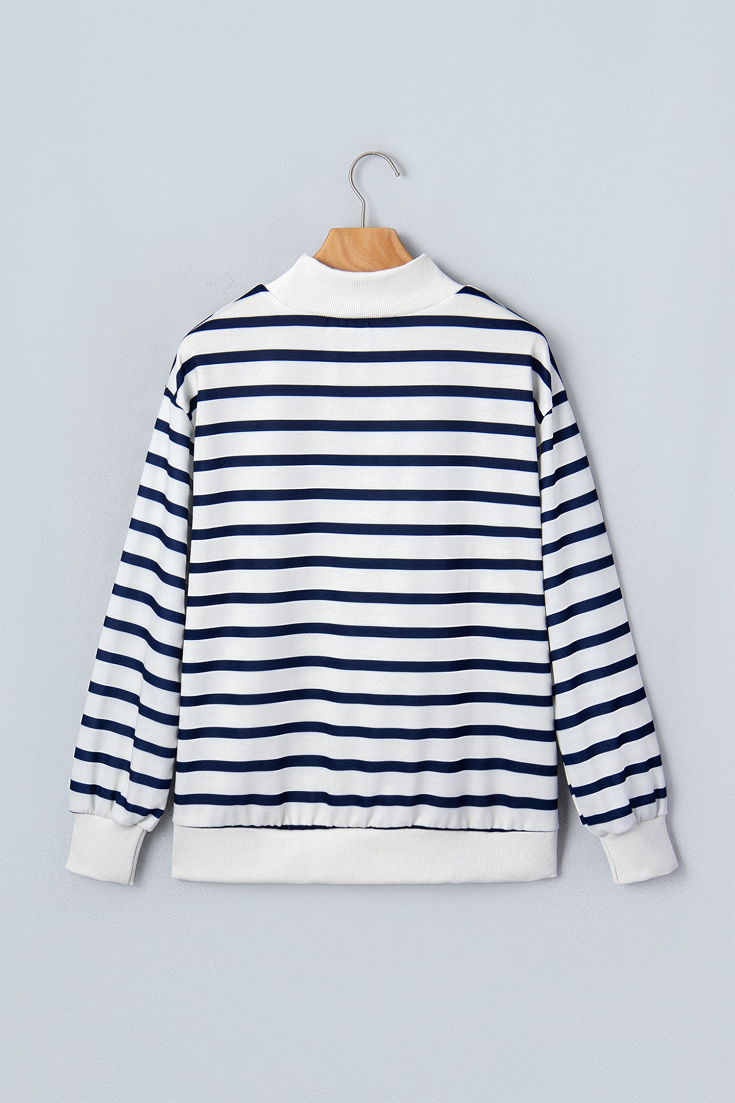 Blue Stripe Striped Stand Neck Long Sleeve Ribbed Cuff Hem Sweatshirt-Tops/Sweatshirts & Hoodies-[Adult]-[Female]-2022 Online Blue Zone Planet