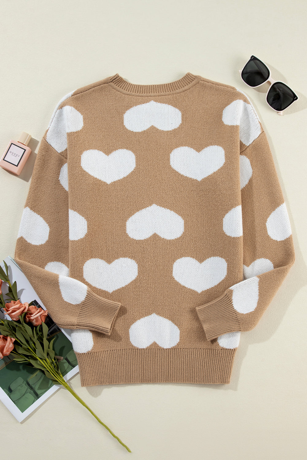 Blue Zone Planet | Khaki Heart Pattern Round Neck Sweater-Sweaters-[Adult]-[Female]-2022 Online Blue Zone Planet