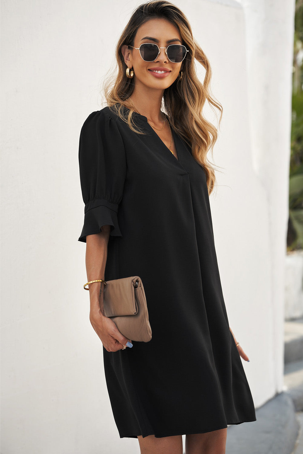 Black Ruffled Sleeve Shift Dress Blue Zone Planet