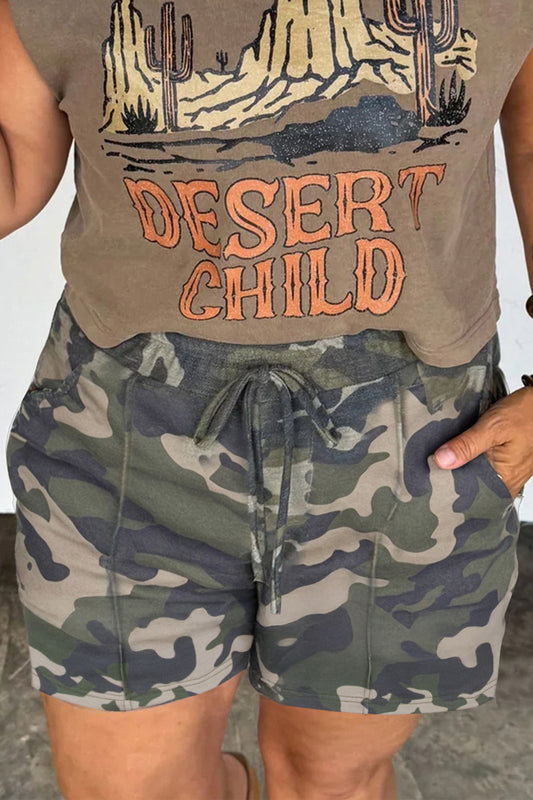 Green Tie Elastic Waist Pocketed Plus Size Camo Shorts-Plus Size/Plus Size Bottoms-[Adult]-[Female]-2022 Online Blue Zone Planet