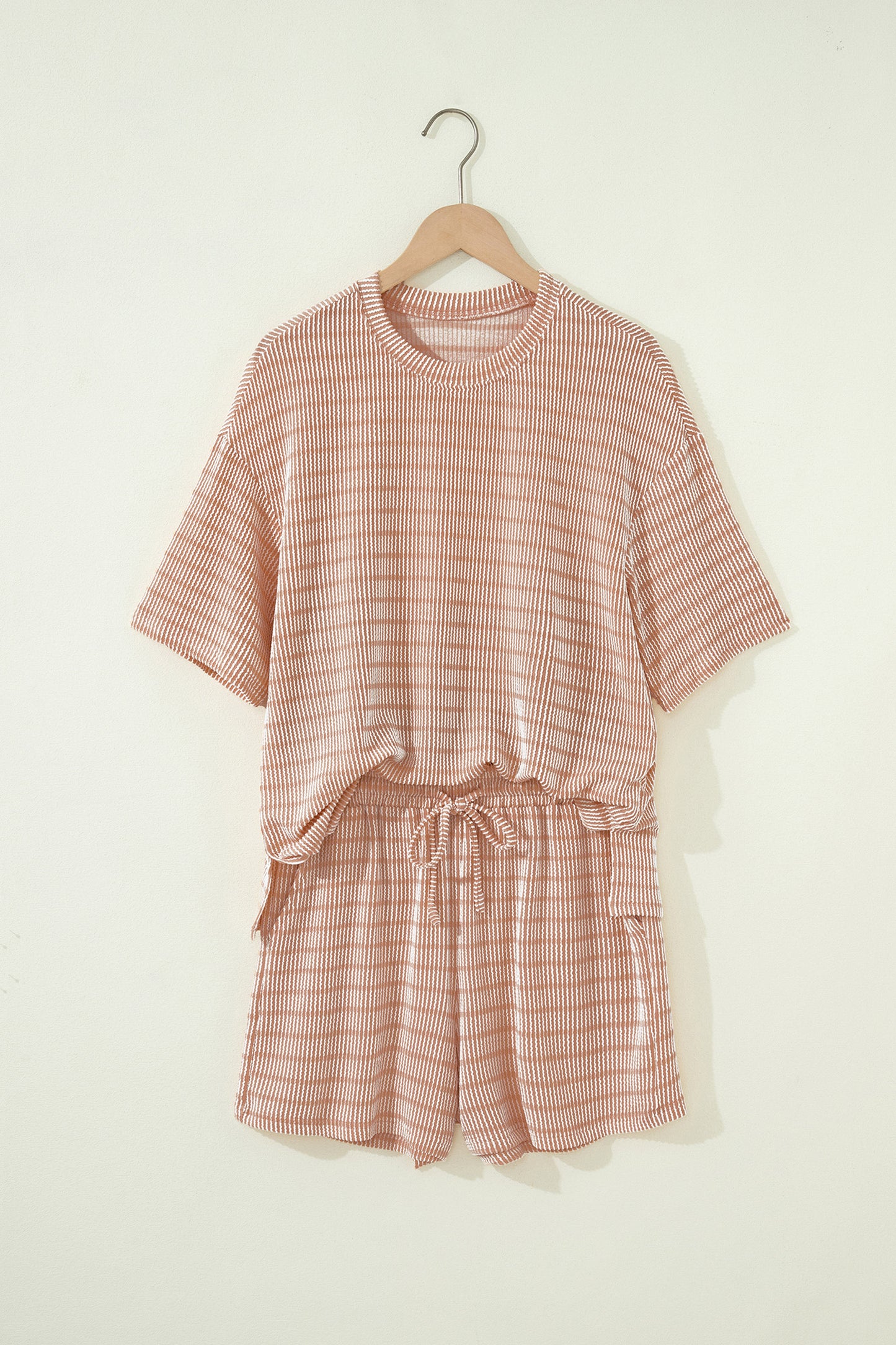 Rose Stripe Raised Rib Loose Tee Drawstring Elastic Waist 2pcs Short Set-Two Piece Sets/Short Sets-[Adult]-[Female]-2022 Online Blue Zone Planet