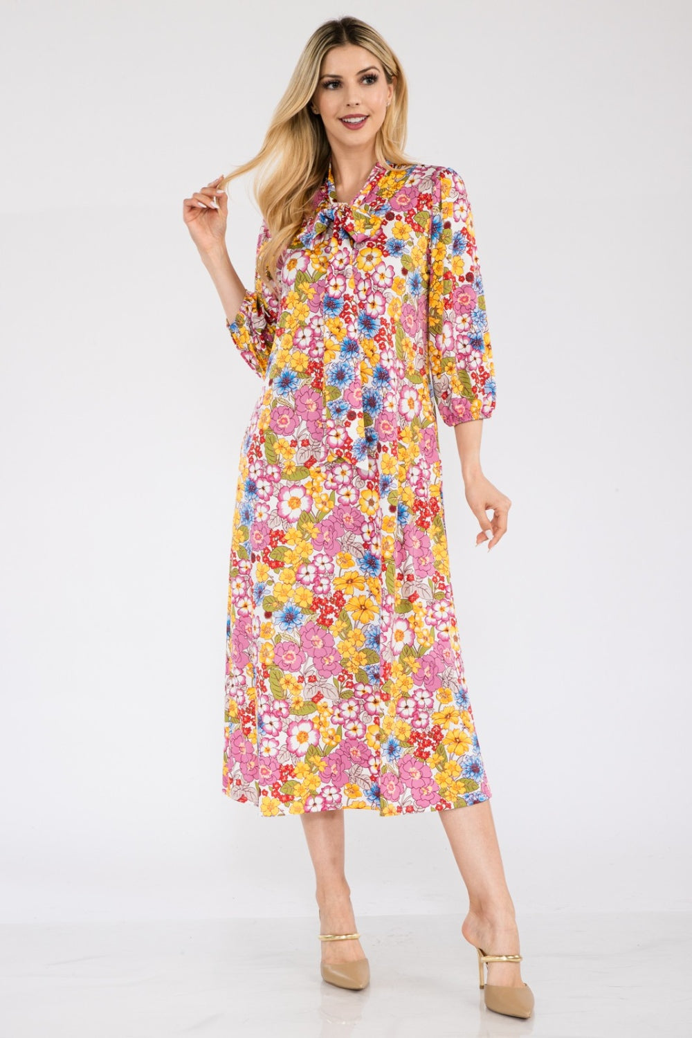 Celeste Full Size Floral Midi Dress with Bow Tied-TOPS / DRESSES-[Adult]-[Female]-2022 Online Blue Zone Planet