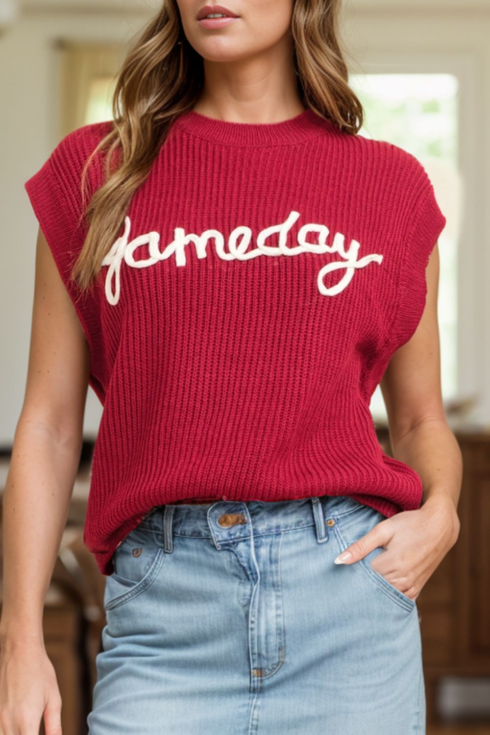 GAME DAY Round Neck Sweater Vest-TOPS / DRESSES-[Adult]-[Female]-Burgundy-S-2022 Online Blue Zone Planet