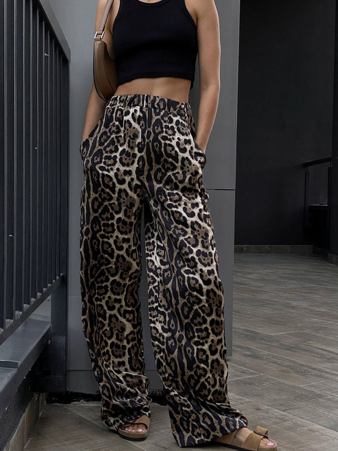 Blue Zone Planet | Leopard High Waist Wide Leg Pants-BOTTOMS SIZES SMALL MEDIUM LARGE-[Adult]-[Female]-Black-S-2022 Online Blue Zone Planet