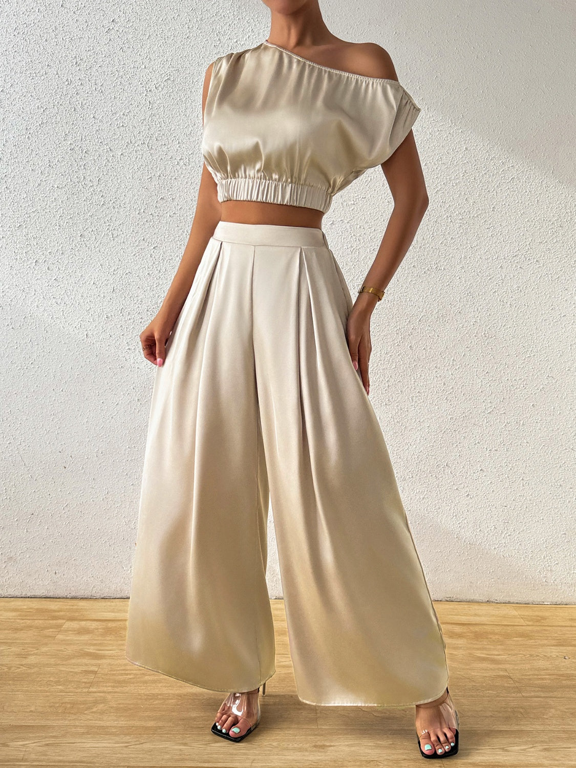 One Shoulder Short Sleeve Top and Wide Leg Pants Set-TOPS / DRESSES-[Adult]-[Female]-2022 Online Blue Zone Planet