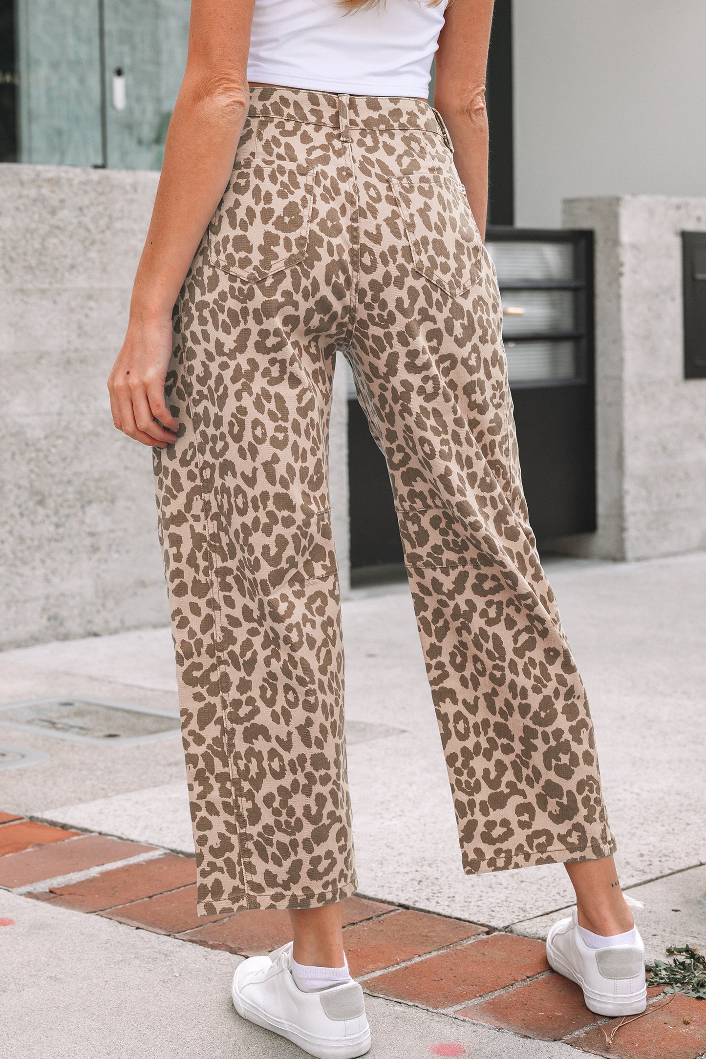 Khaki Leopard Print Straight Loose Jeans-Bottoms/Jeans-[Adult]-[Female]-2022 Online Blue Zone Planet