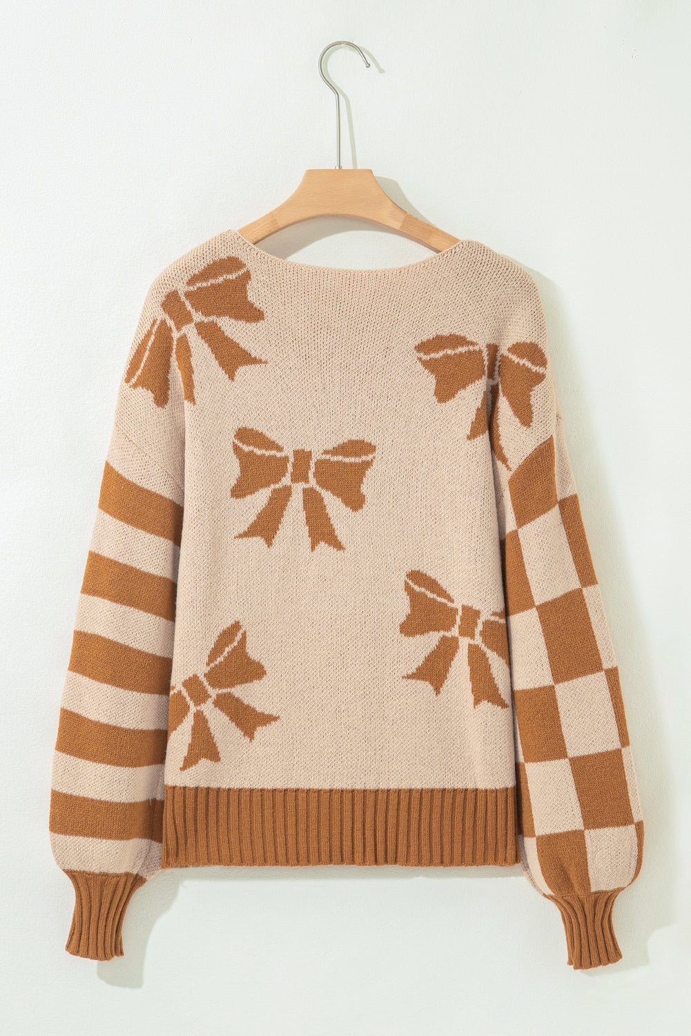 Straw Yellow Ribbon Bow Print Checkered Striped Sleeve Drop Shoulder Sweater-Sweaters & Cardigans/Sweaters-[Adult]-[Female]-2022 Online Blue Zone Planet
