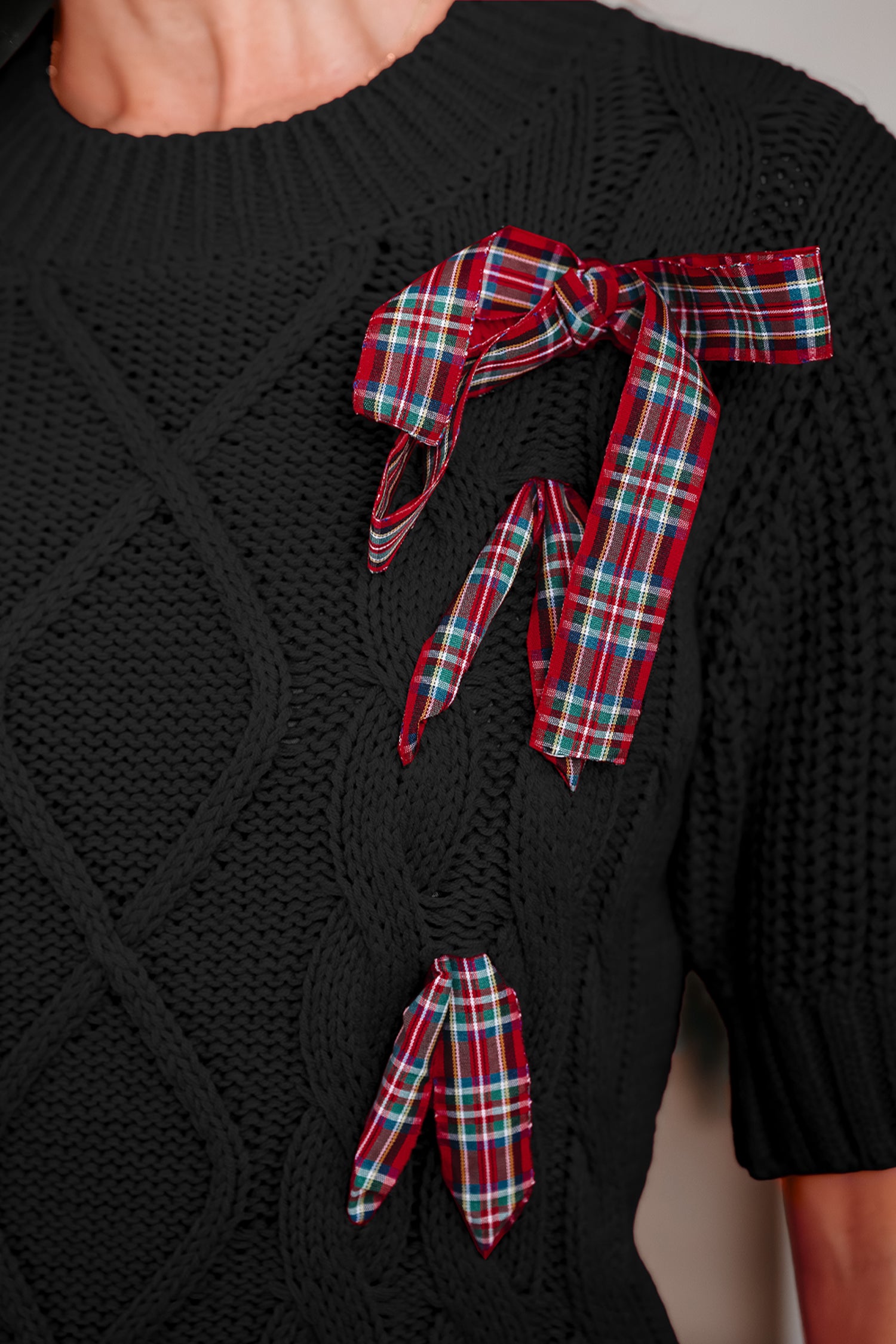 Black Plaid Lace up Detail Christmas Holiday Puff Short Sleeve Sweater-Sweaters & Cardigans/Short Sleeve Sweaters-[Adult]-[Female]-2022 Online Blue Zone Planet