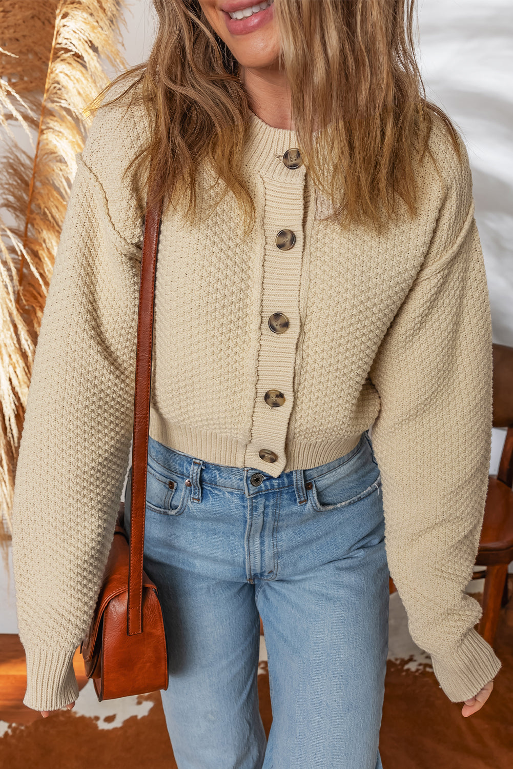 Beige Button Front Cropped Cardigan Sweater-TOPS / DRESSES-[Adult]-[Female]-2022 Online Blue Zone Planet