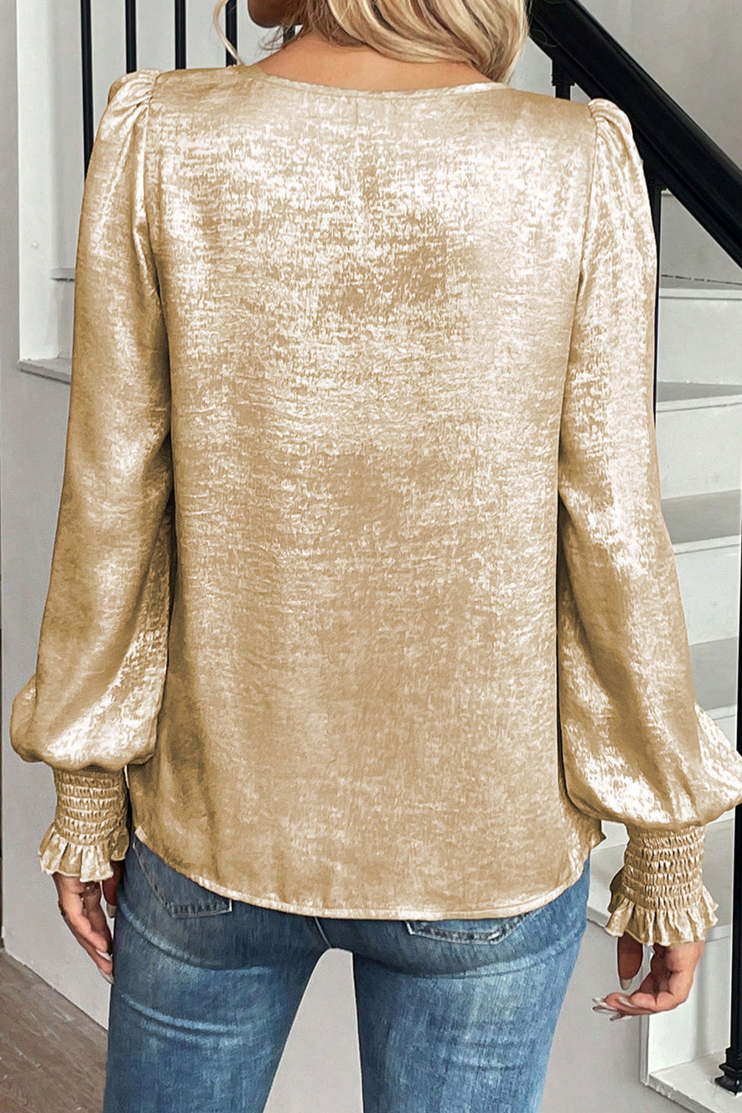 Apricot Plus Size Metallic Long Flounce Sleeve Blouse-Plus Size/Plus Size Tops/Plus Size Blouses & Shirts-[Adult]-[Female]-2022 Online Blue Zone Planet