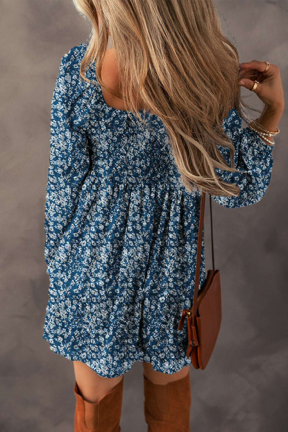 Blue Zone Planet | Blue Floral Print Sweetheart Neck Shirred Back Mini Dress-TOPS / DRESSES-[Adult]-[Female]-2022 Online Blue Zone Planet