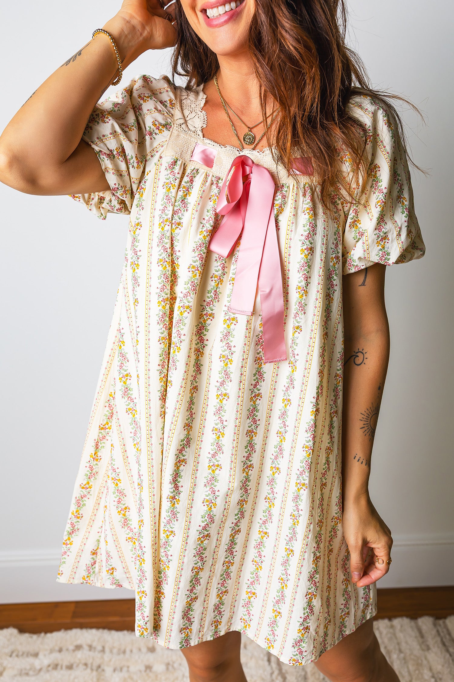 Multicolour Floral Print Contrast Ribbon Bow Lace Trim Square Neck Mini Dress-TOPS / DRESSES-[Adult]-[Female]-2022 Online Blue Zone Planet