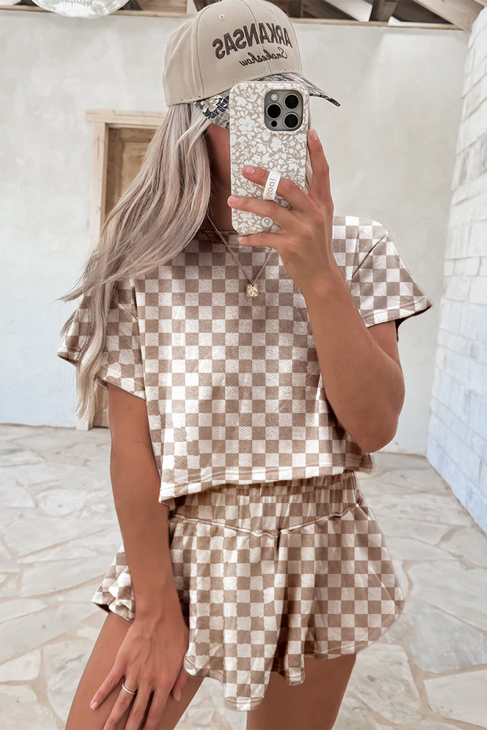 Brown Checkerboard T Shirt And High Waist Skorts 2 Piece Outfit-Two Piece Sets/Short Sets-[Adult]-[Female]-2022 Online Blue Zone Planet