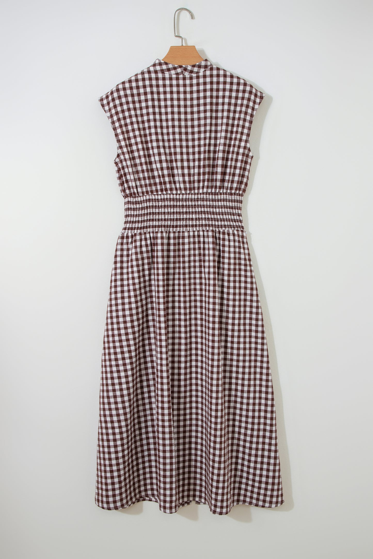 Coffee Plaid Print Full Zipper Cinched Waist Fit Flare Sleeveless Maxi Dress-TOPS / DRESSES-[Adult]-[Female]-2022 Online Blue Zone Planet