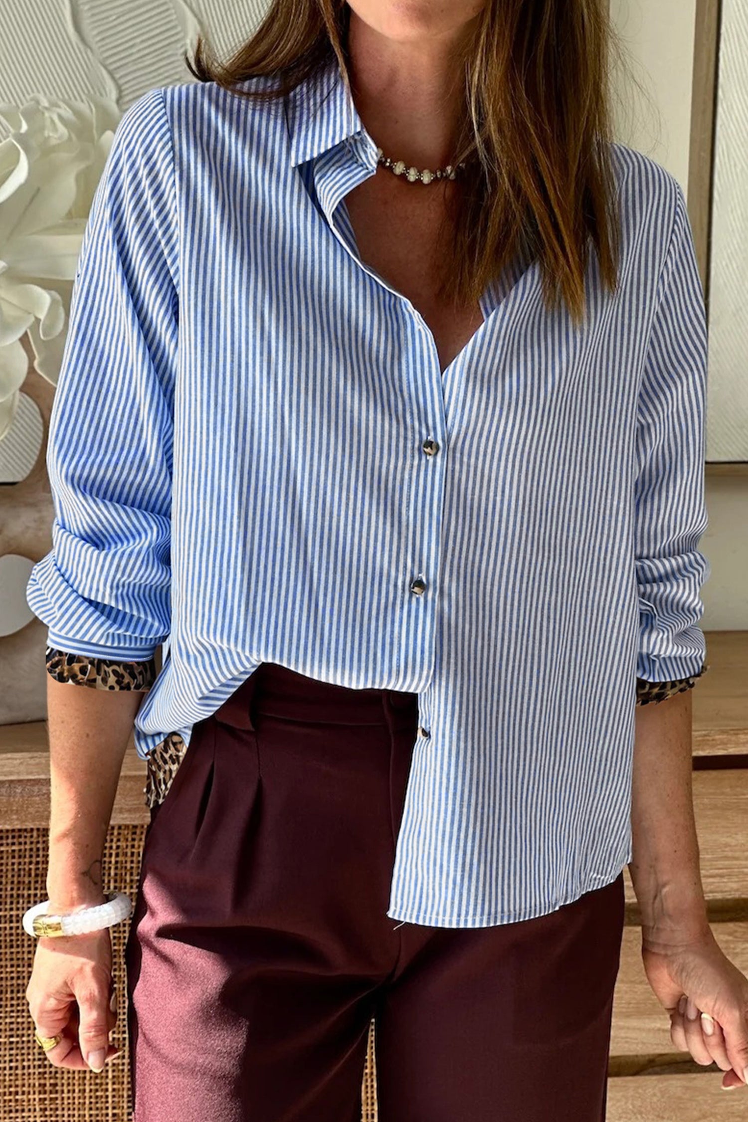 Sky Blue Stripe Contrast Frilled Leopard Trim Casual Long Sleeve Shirt-Tops/Blouses & Shirts-[Adult]-[Female]-2022 Online Blue Zone Planet