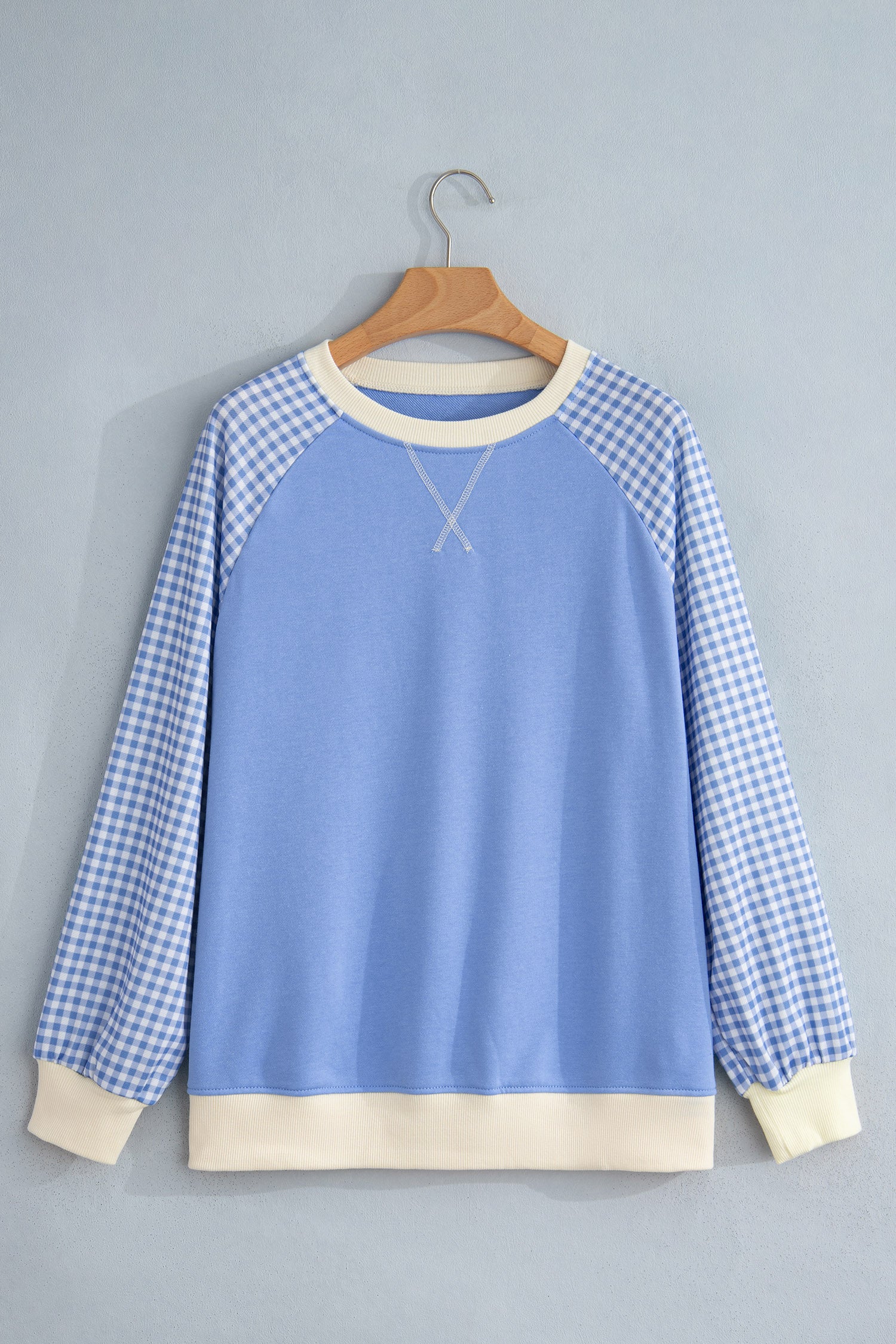 Beige Plaid Sleeve Colorblock Raglan Pullover Sweatshirt-Tops/Sweatshirts & Hoodies-[Adult]-[Female]-2022 Online Blue Zone Planet