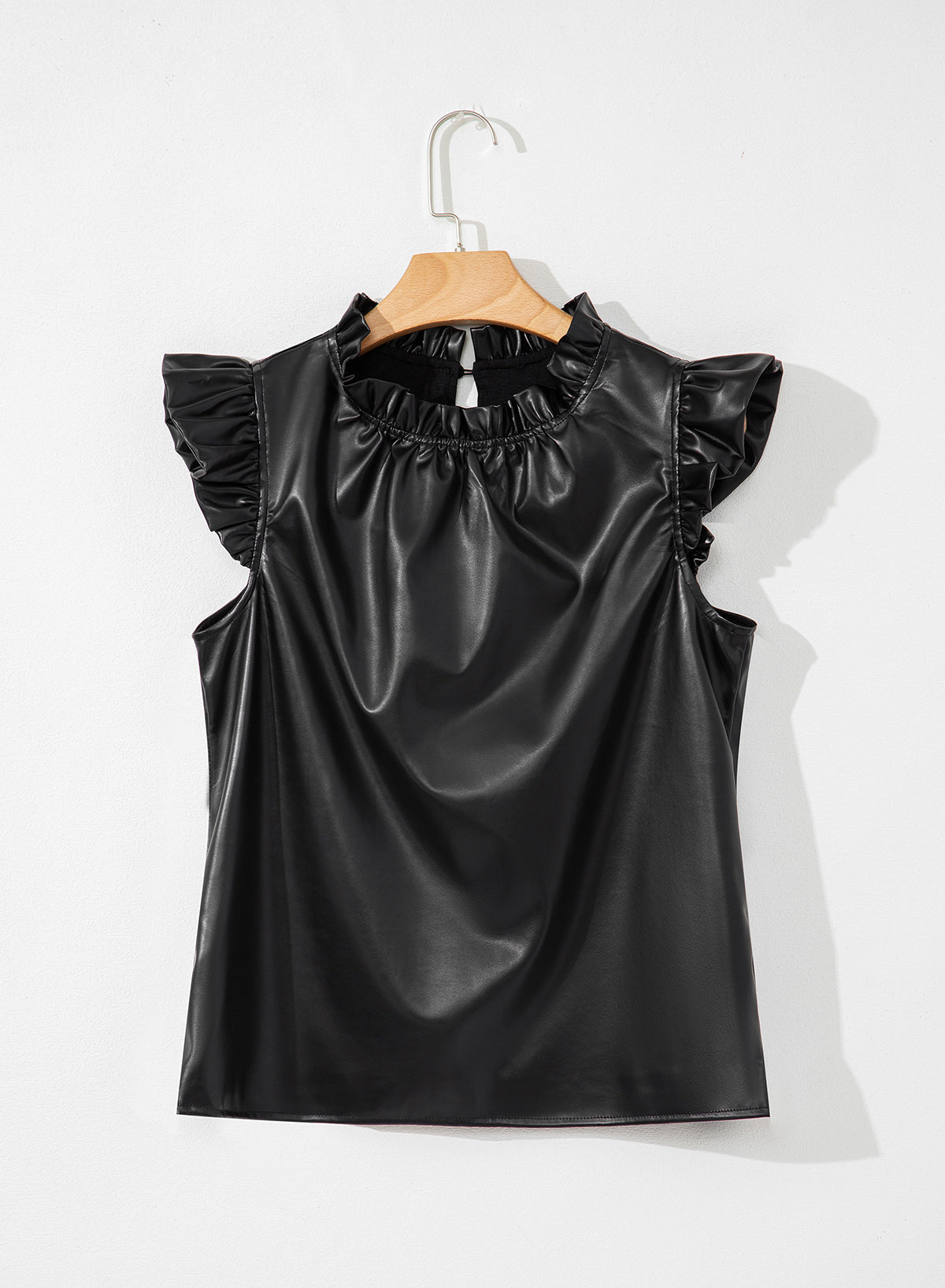 Black PU Leather Frilly Ruffle Trim Blouse-Tops/Blouses & Shirts-[Adult]-[Female]-2022 Online Blue Zone Planet