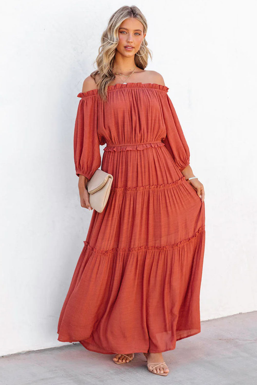 Blue Zone Planet | Orange Off Shoulder Balloon Sleeve Cutout Ruffled Maxi Dress-TOPS / DRESSES-[Adult]-[Female]-2022 Online Blue Zone Planet