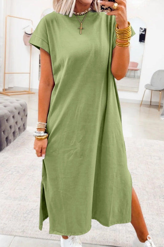 Green Bay Solid Color Long T Shirt Dress with Slits-Dresses/T Shirt Dresses-[Adult]-[Female]-Green Bay-S-2022 Online Blue Zone Planet