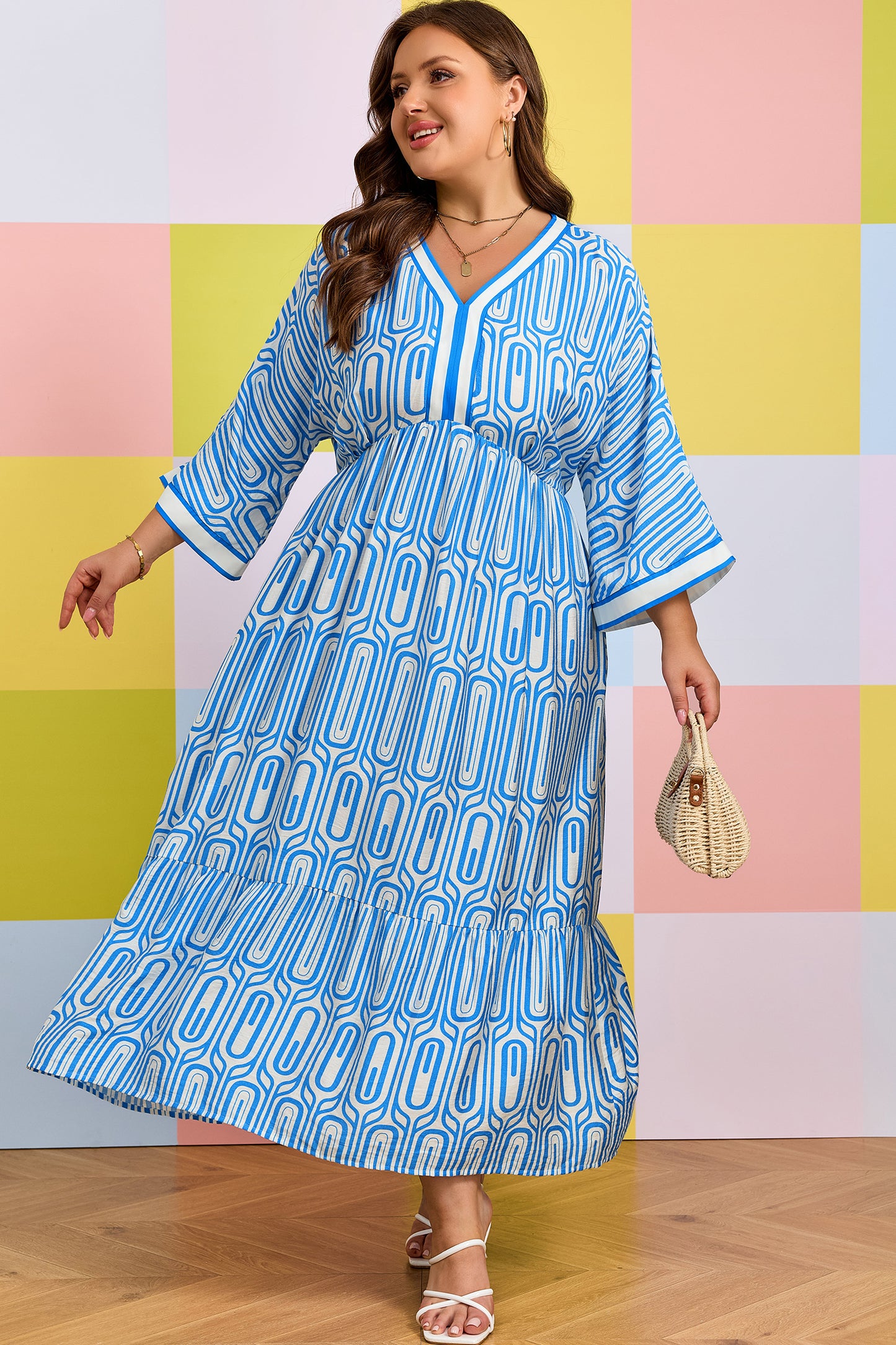 Sky Blue Plus Size Geometric Print Contrast Trim V Neck Bracelet Sleeve Long Dress-Bracelet-[Adult]-[Female]-2022 Online Blue Zone Planet
