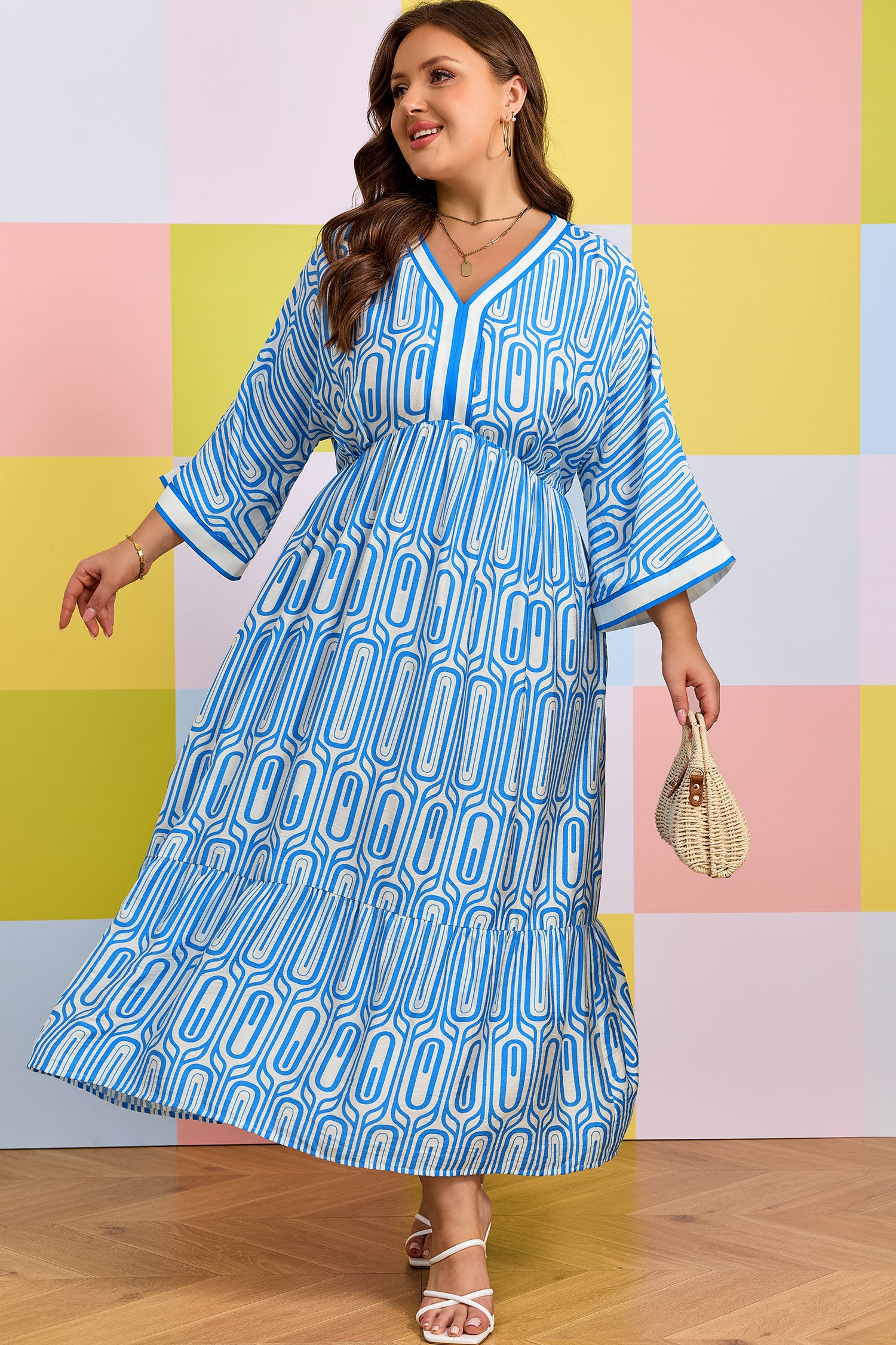 Sky Blue Plus Size Geometric Print Contrast Trim V Neck Bracelet Sleeve Long Dress-Bracelet-[Adult]-[Female]-2022 Online Blue Zone Planet