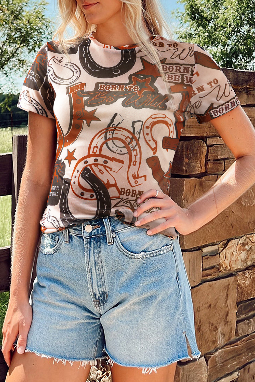 Brown Western Horseshoe Printed Mesh T Shirt-Tops/Tops & Tees-[Adult]-[Female]-2022 Online Blue Zone Planet