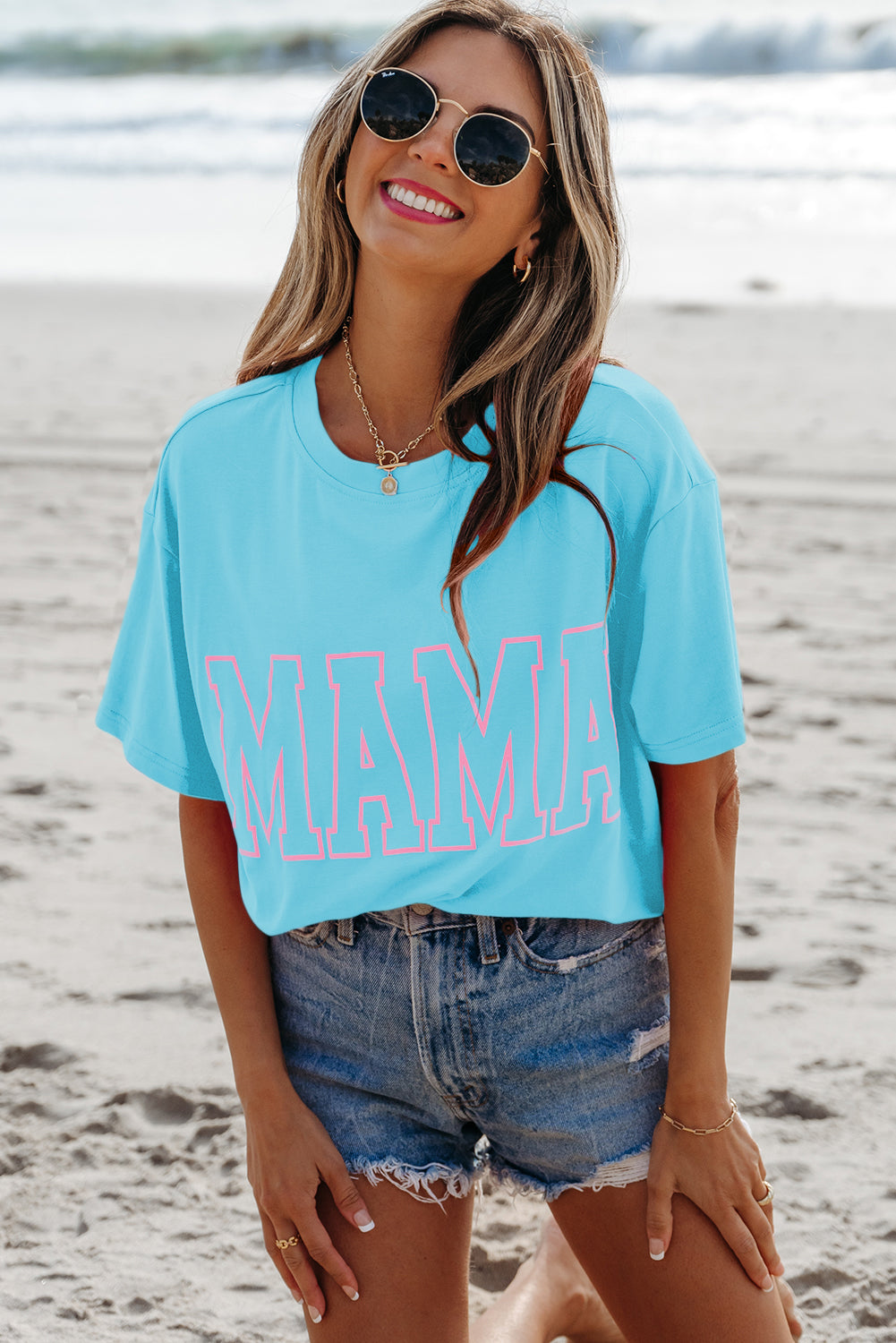 Light Blue Mama Letter Graphic Neon T Shirt-Tops/Tops & Tees-[Adult]-[Female]-2022 Online Blue Zone Planet
