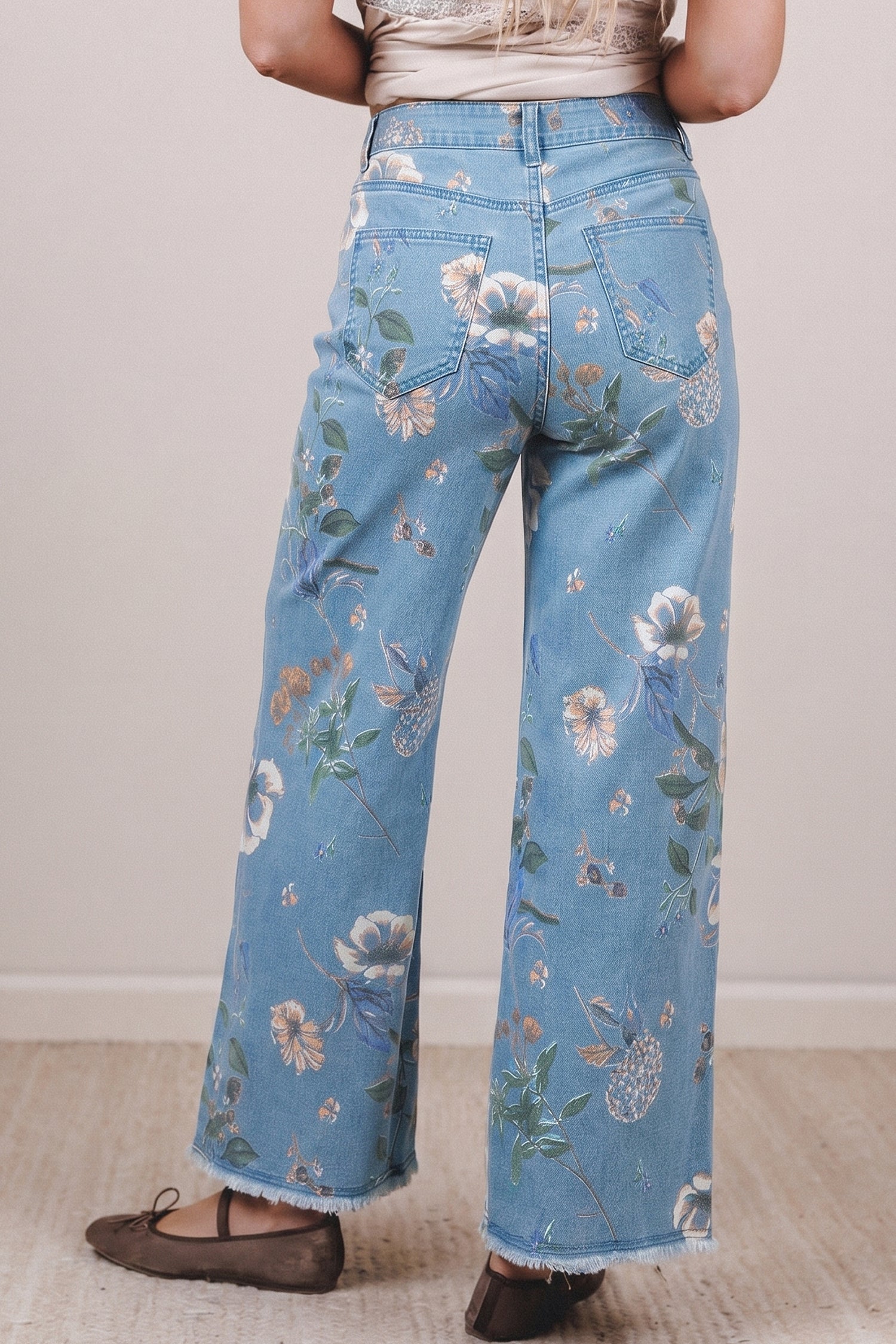 Sky Blue Retro Floral Print Frayed Hem Shift Jeans-Bottoms/Jeans-[Adult]-[Female]-2022 Online Blue Zone Planet