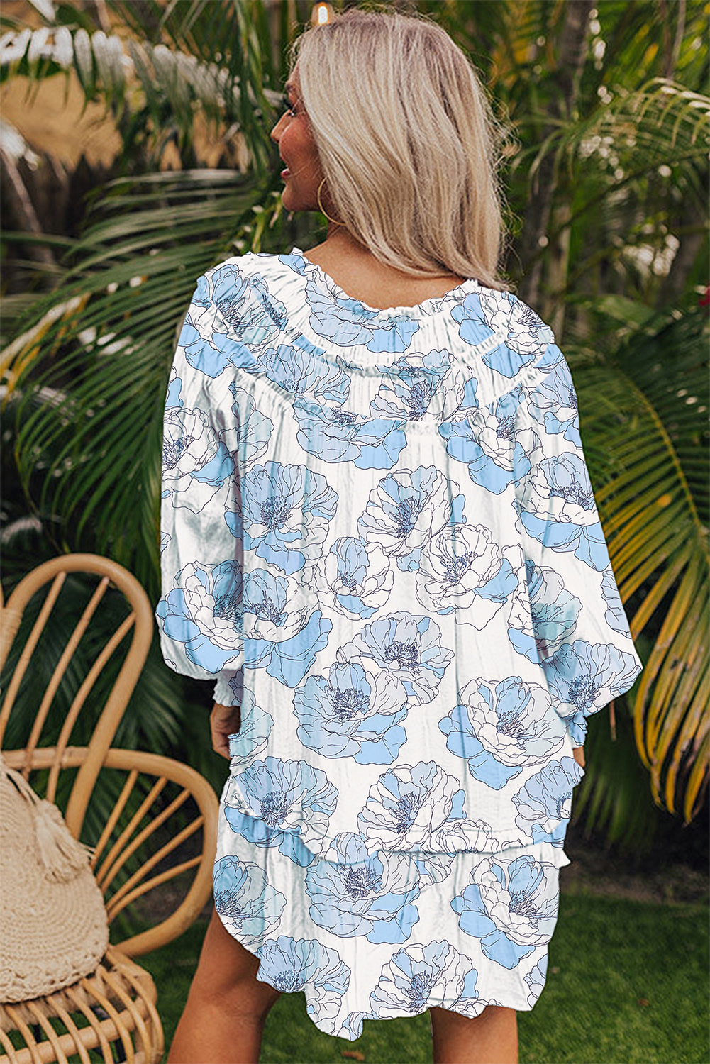 Floral Print Tie Neck Long Sleeve A Line Mini Dress - Sunny Angela Sky Blue / M Floral Print Tie Neck Long Sleeve A Line Mini Dress - Sunny Angela Sky Blue / M