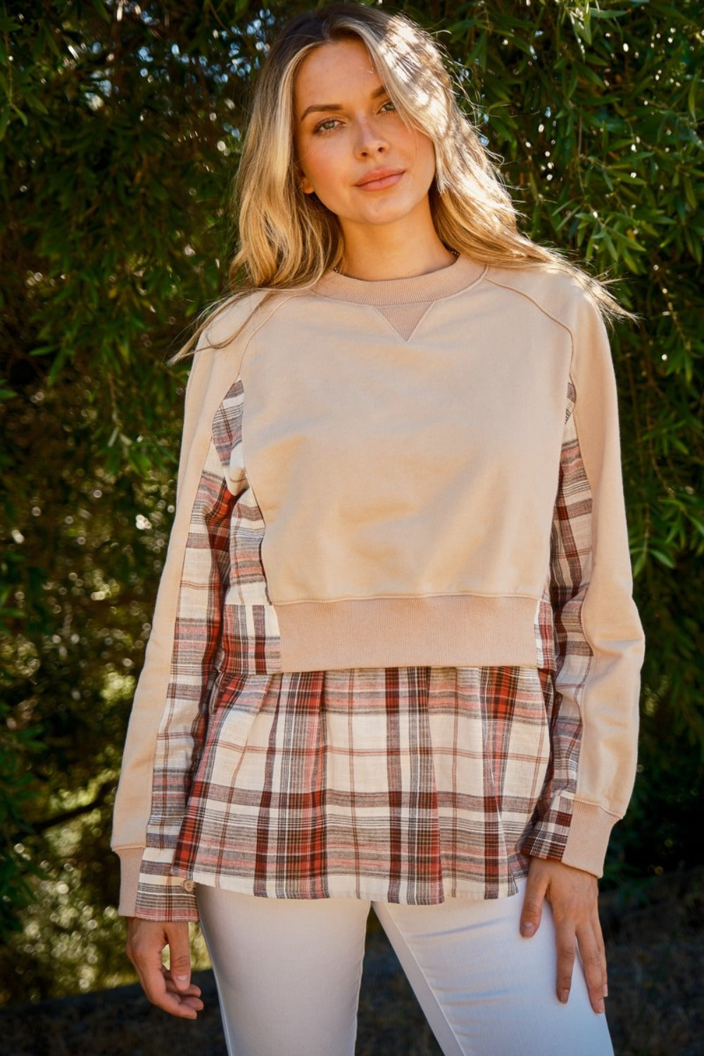 And The Why Full Size Double Layered Plaid Contrast Sweatshirt-TOPS / DRESSES-[Adult]-[Female]-Taupe-S-2022 Online Blue Zone Planet