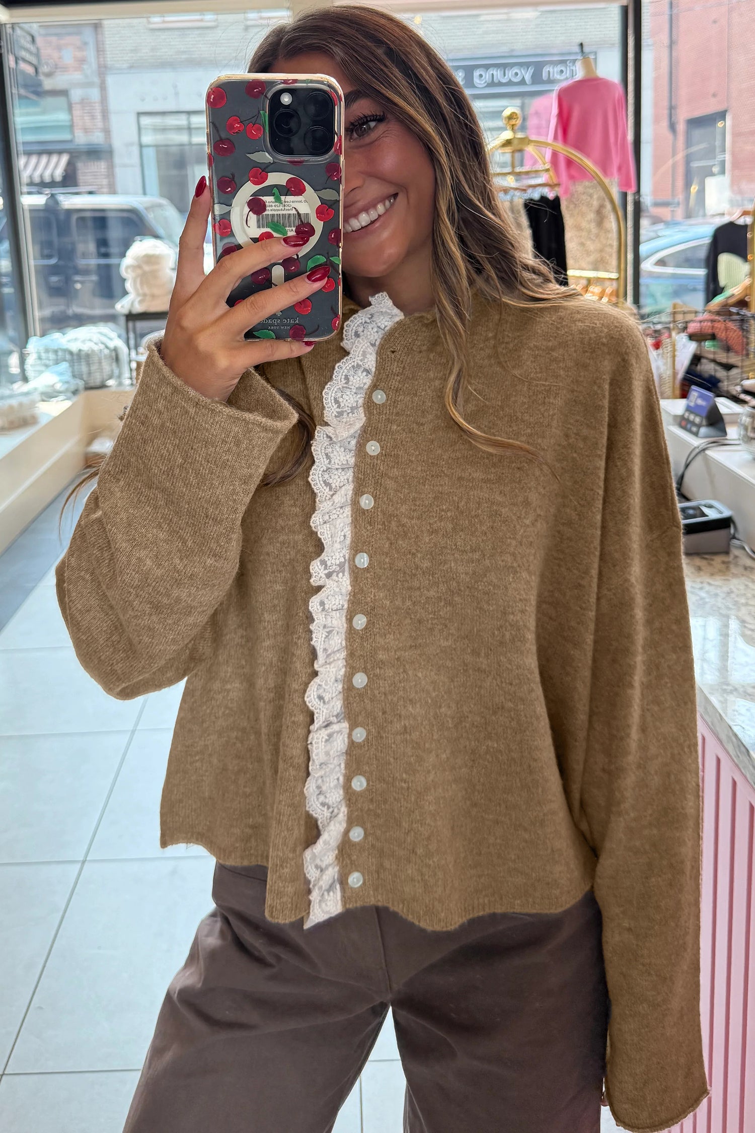 Simply Taupe Contrast Frilled Lace Trim Loose Cardigan Sweater-Sweaters & Cardigans/Cardigans-[Adult]-[Female]-2022 Online Blue Zone Planet