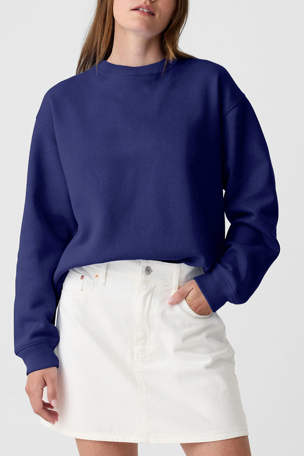 Navy Blue Plain Drop Shoulder Crewneck Pullover Sweatshirt-Tops/Sweatshirts & Hoodies-[Adult]-[Female]-2022 Online Blue Zone Planet