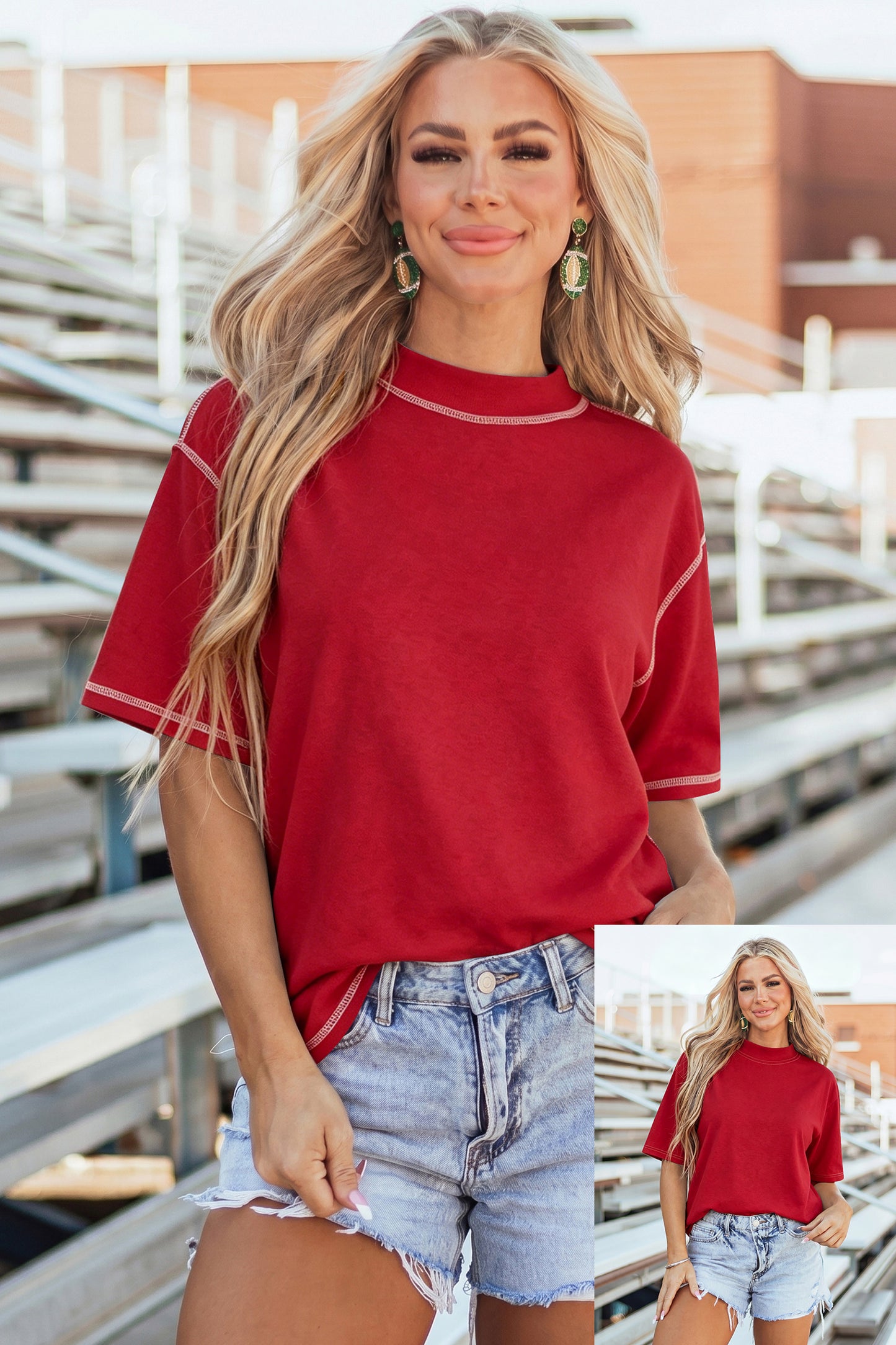 Racing Red Reversible Contrast-Stitched T-Shirt-Tops/Tops & Tees-[Adult]-[Female]-Racing Red-S-2022 Online Blue Zone Planet