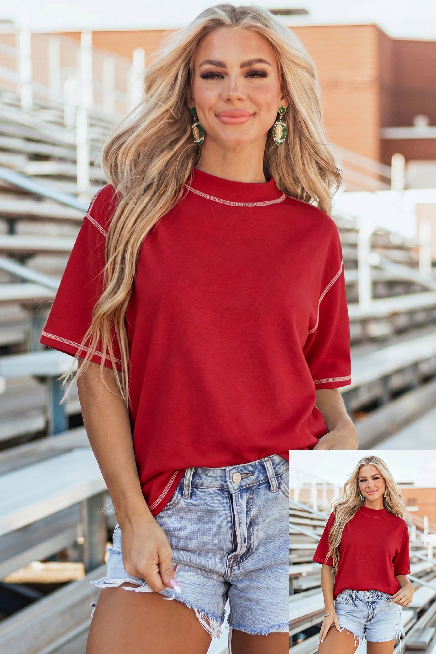 Racing Red Reversible Contrast-Stitched T-Shirt-Tops/Tops & Tees-[Adult]-[Female]-Racing Red-S-2022 Online Blue Zone Planet