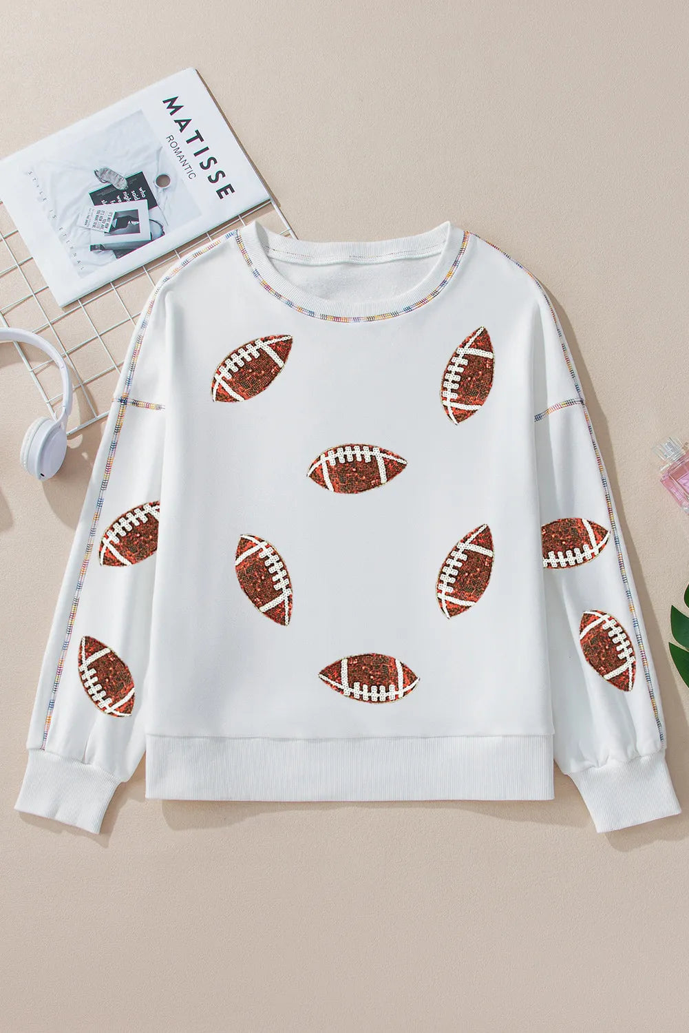 Sequin Football Round Neck Long Sleeve Sweatshirt-TOPS / DRESSES-[Adult]-[Female]-2022 Online Blue Zone Planet