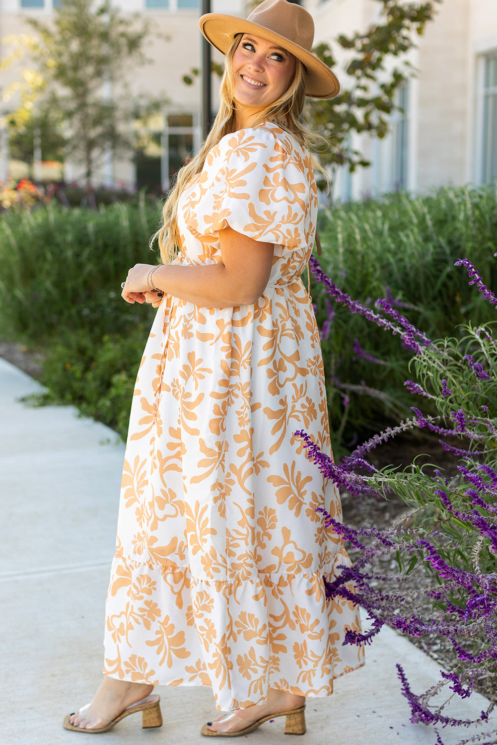 Blue Zone Planet | Apricot Floral Print Puff Short Sleeve Resort Plus Size Maxi Dress-TOPS / DRESSES-[Adult]-[Female]-2022 Online Blue Zone Planet