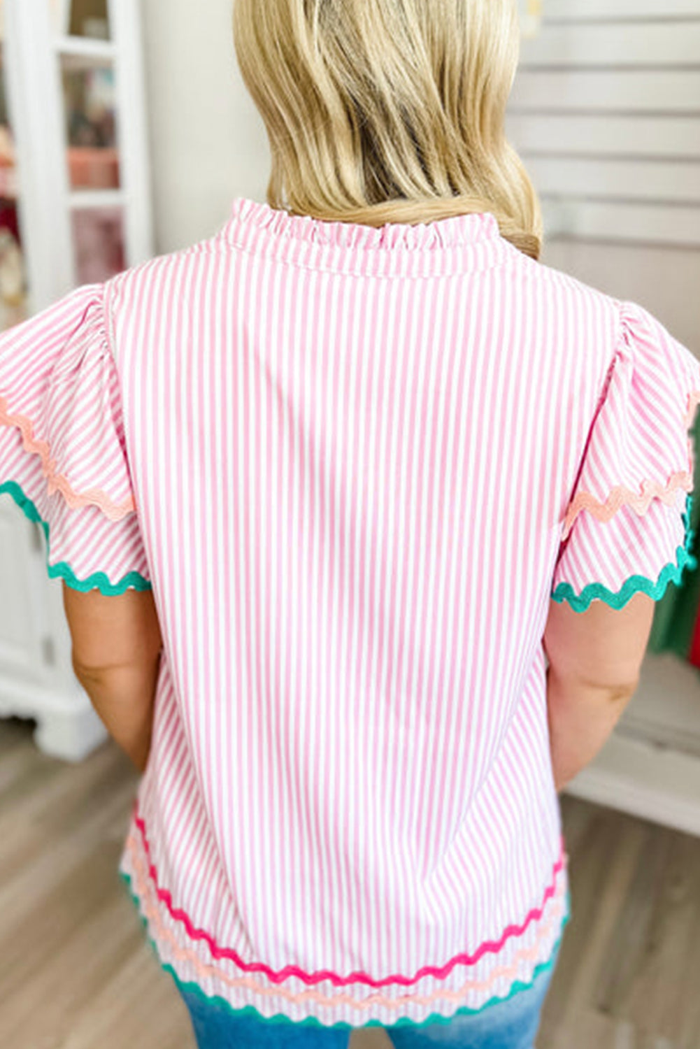 Sky Blue Stripe Ricrac Trim Split Neck Striped Ruffled Sleeve Blouse-Tops/Blouses & Shirts-[Adult]-[Female]-2022 Online Blue Zone Planet
