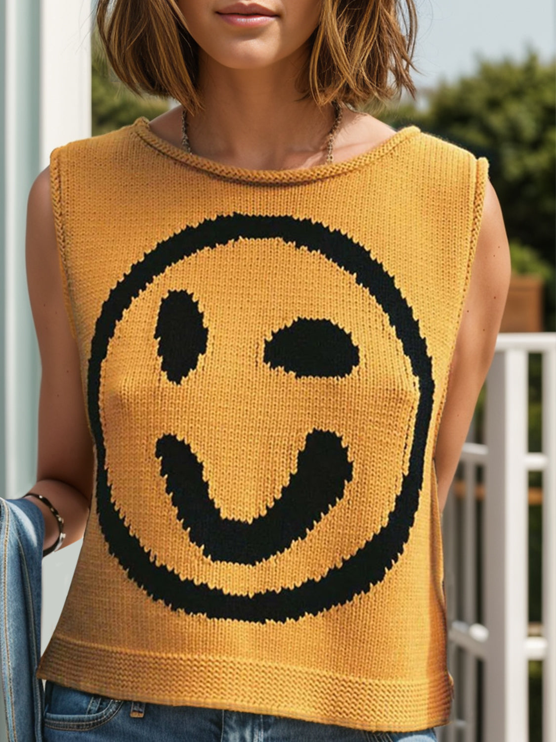 Smiley Round Neck Sweater Vest-TOPS / DRESSES-[Adult]-[Female]-2022 Online Blue Zone Planet