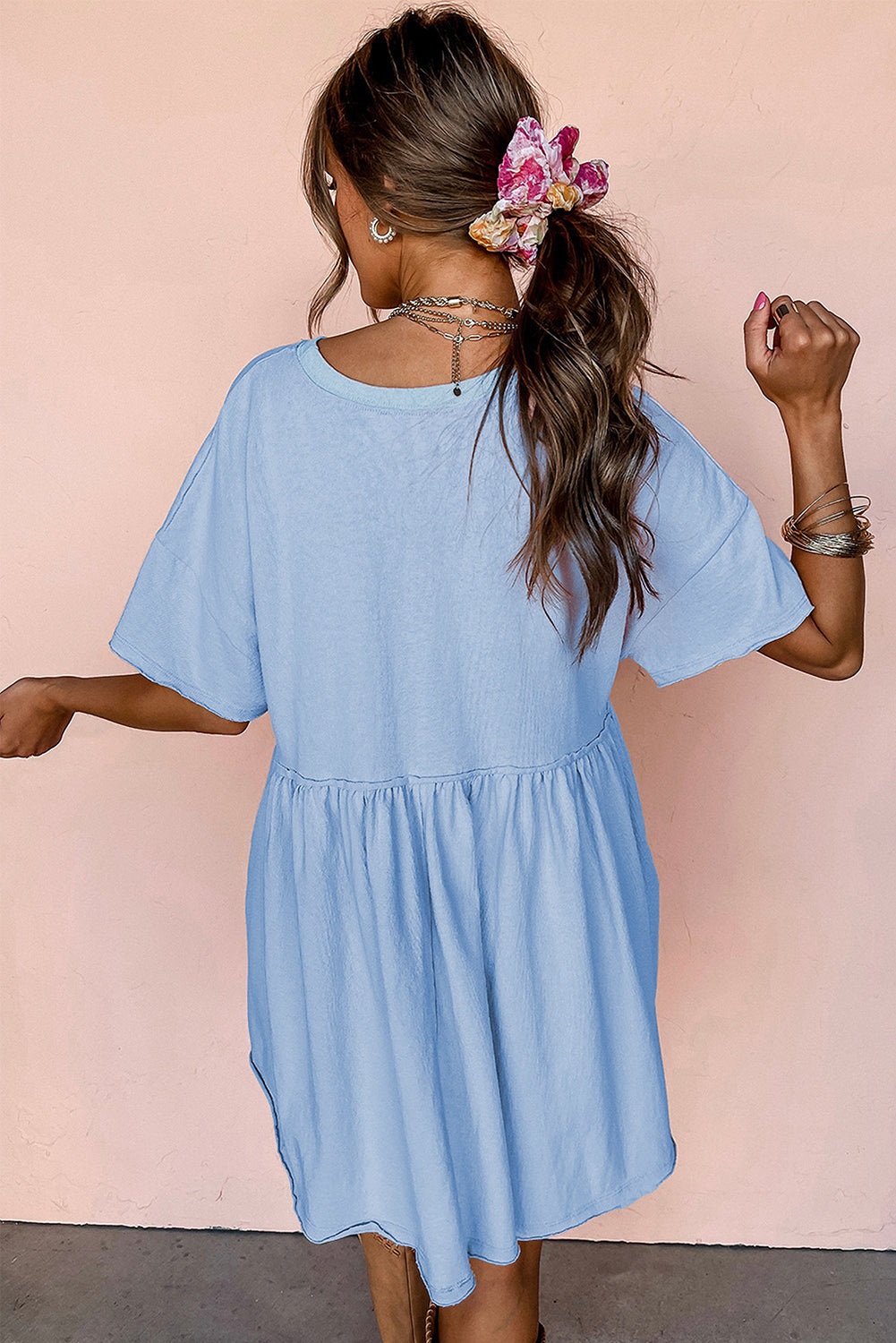 Sky Blue Solid Color Pocketed Raw Edge Babydoll Dress-Dresses/Mini Dresses-[Adult]-[Female]-2022 Online Blue Zone Planet