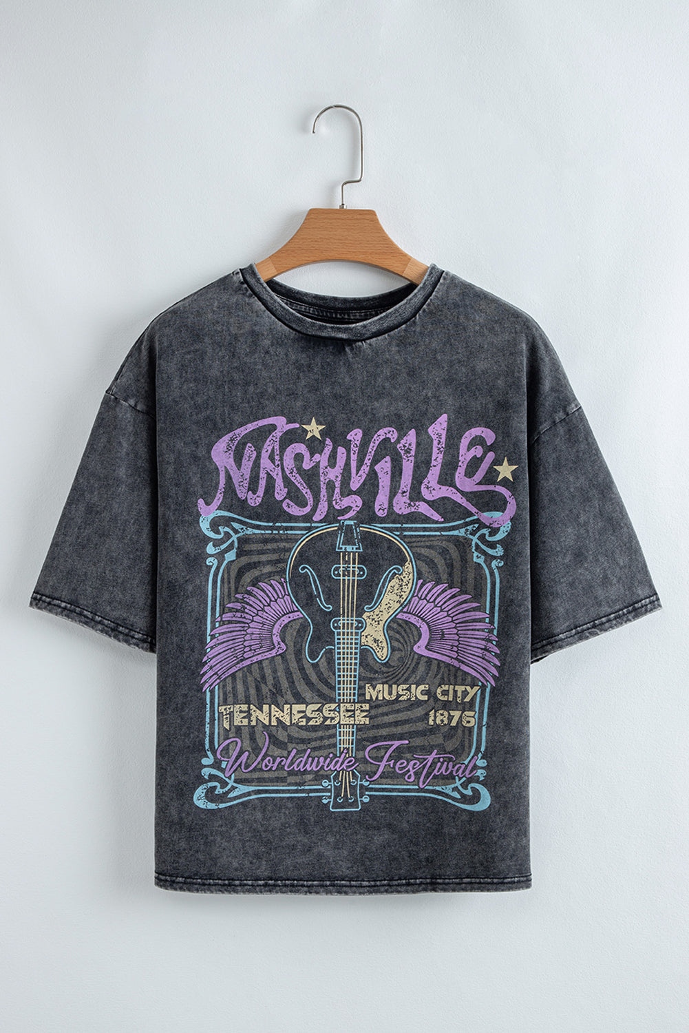 Black Vintage Nashville Tennessee Graphic Mineral Washed Plus Size Tee-Tops/Tops & Tees-[Adult]-[Female]-2022 Online Blue Zone Planet