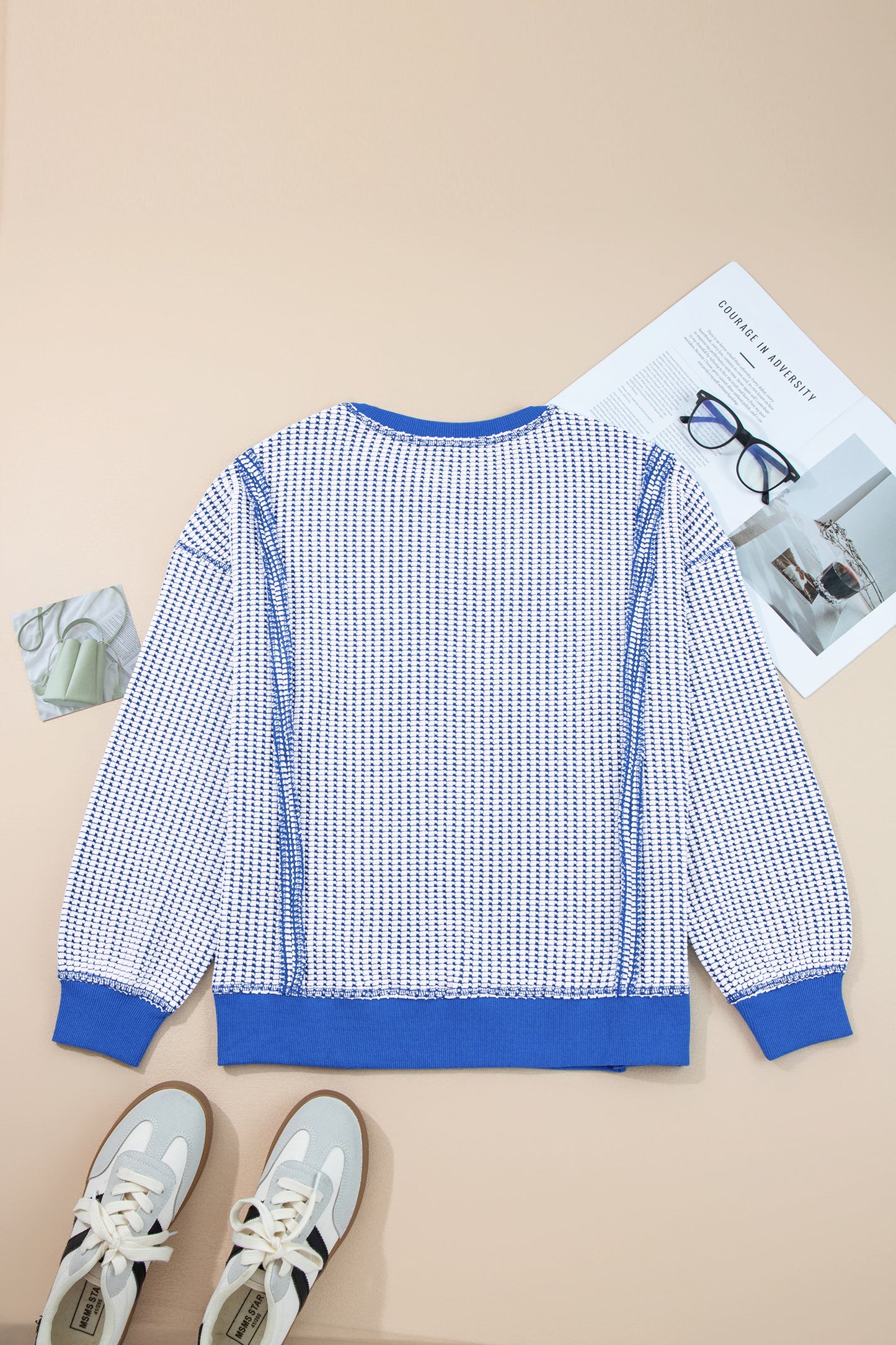Dark Blue Waffle Knit Exposed Stitching Casual Top with Side Slits-Tops/Long Sleeve Tops-[Adult]-[Female]-2022 Online Blue Zone Planet