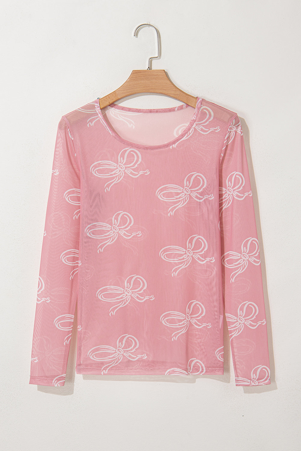 Pink Round Neck Bow Print Long Sleeve Mesh Top-Tops/Long Sleeve Tops-[Adult]-[Female]-2022 Online Blue Zone Planet