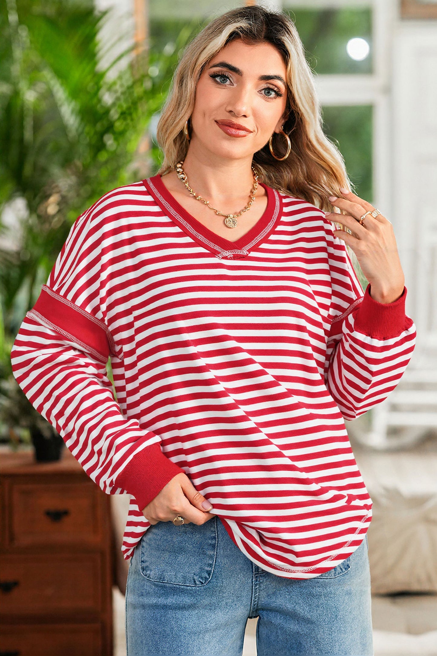 Red Stripe Exposed Seam V Neck Balloon Sleeve Pullover-Tops/Long Sleeve Tops-[Adult]-[Female]-2022 Online Blue Zone Planet